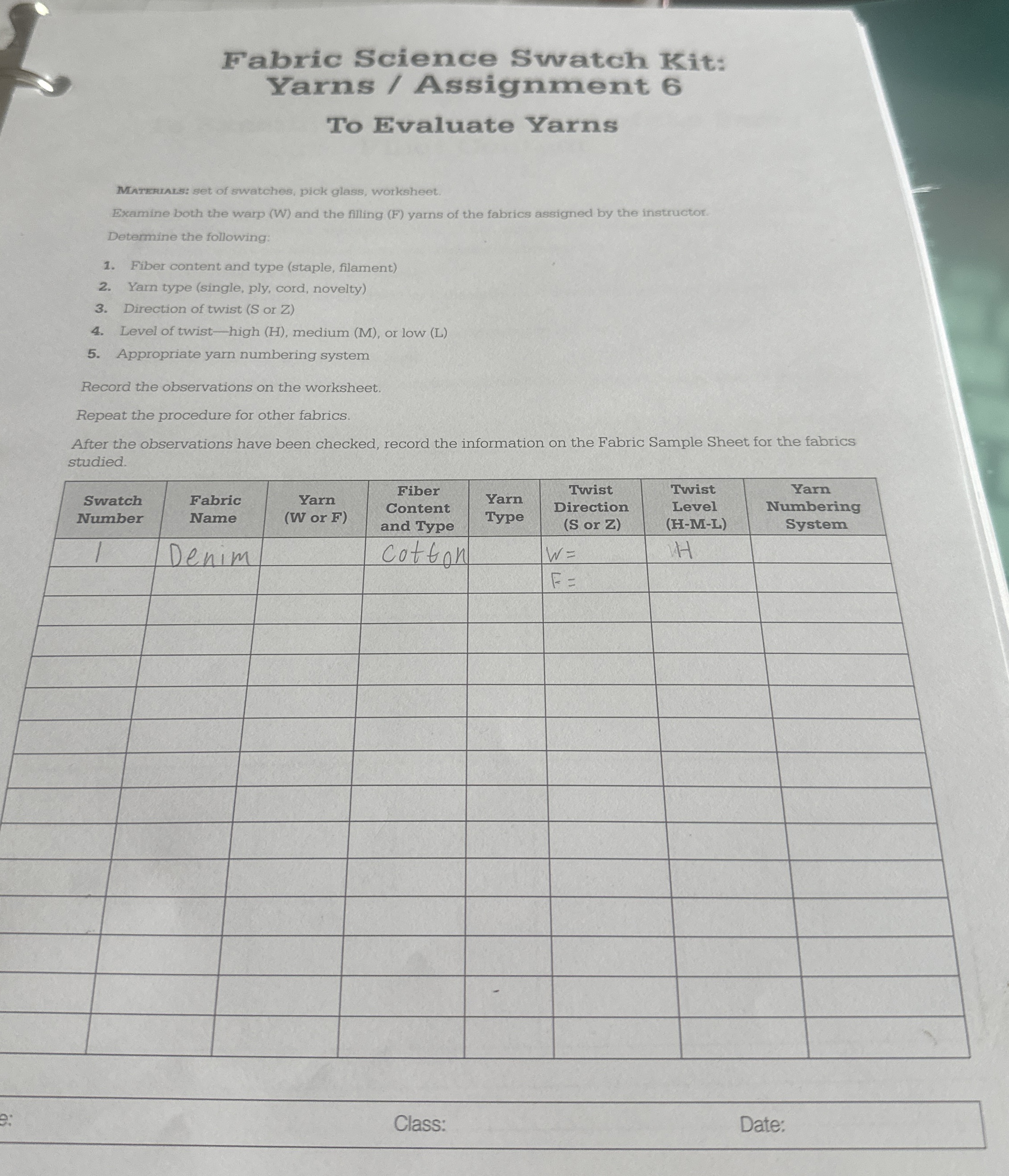 Fabric Science Swatch Kit: Yarns / Assignment 6