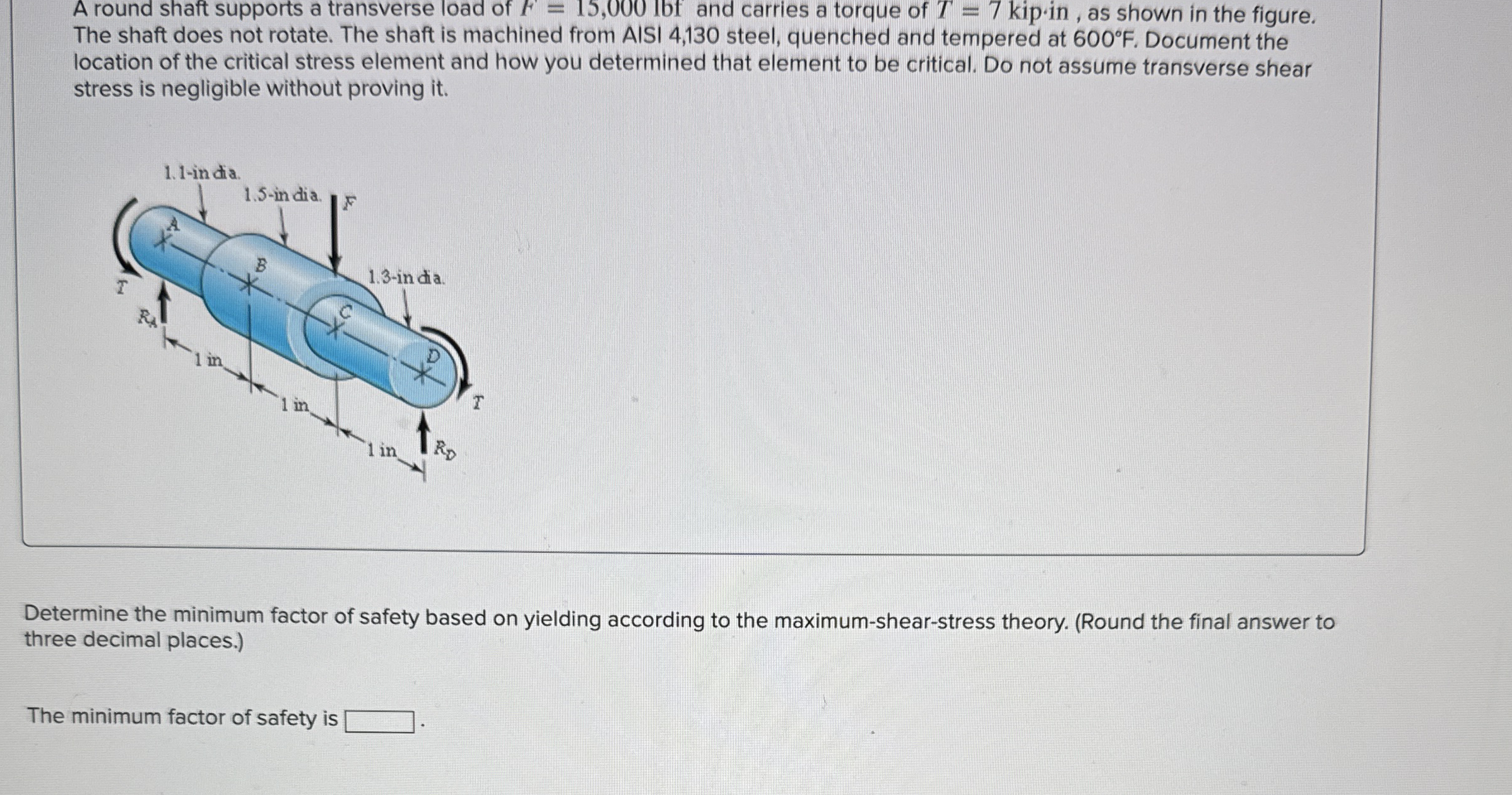 A round shaft supports a transverse load of F = 1