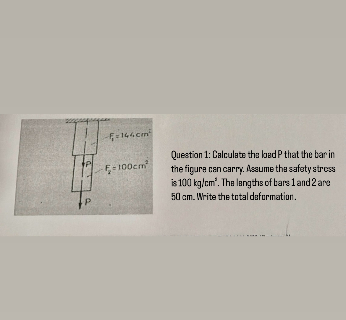 Question 1 : Calculate the load P that the bar in