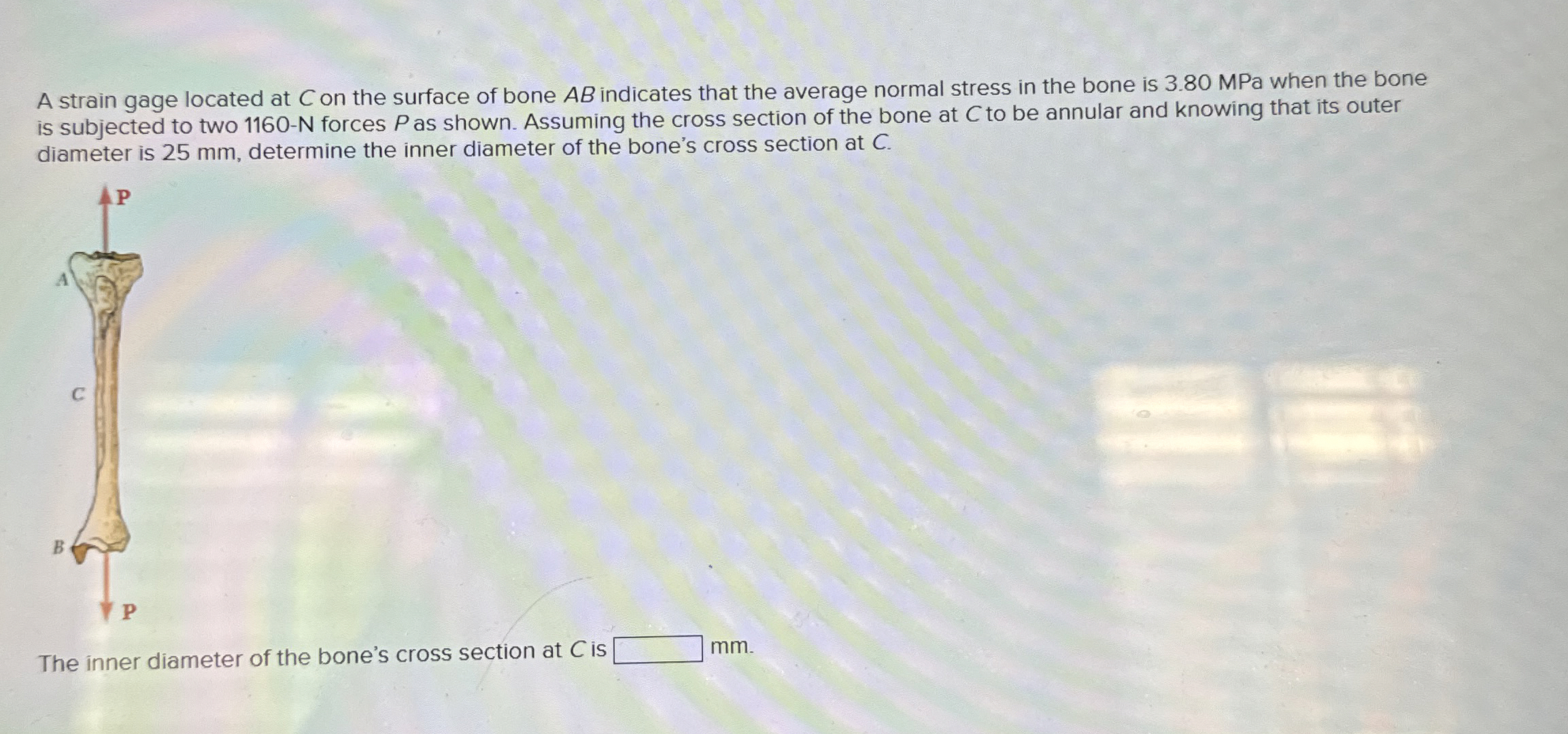 A strain gage located at C on the surface of bone