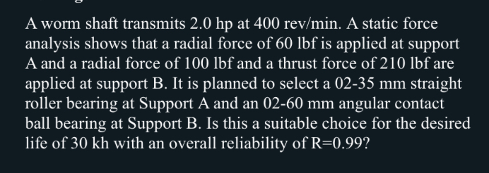 A worm shaft transmits 2 . 0 hp at 4 0 0 r e v m