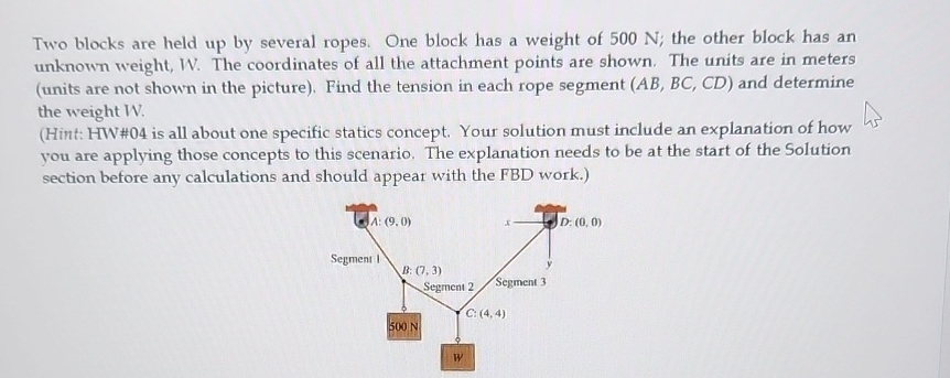 Two blocks are held up by several ropes. One