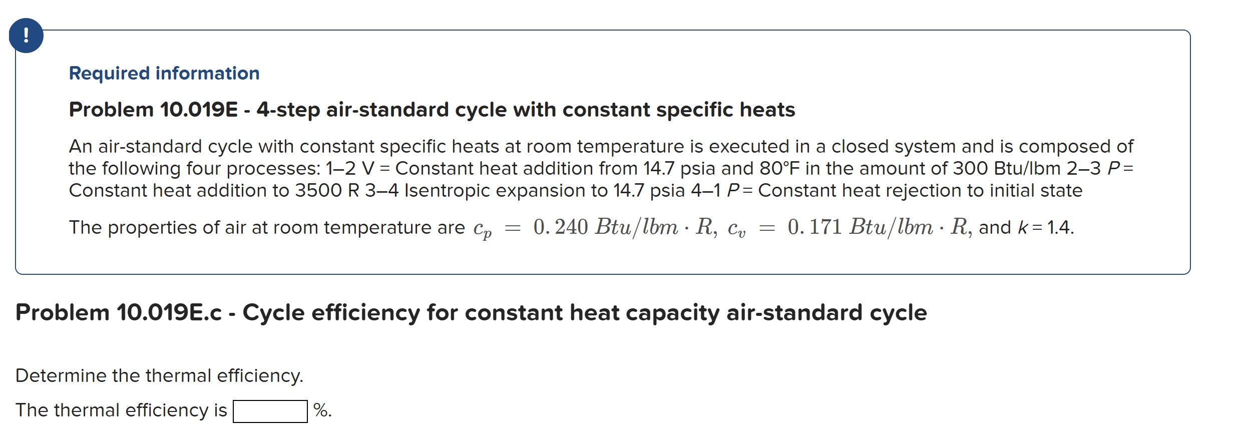 Problem 1 0 . 0 1 9 E . c - Cycle efficiency for