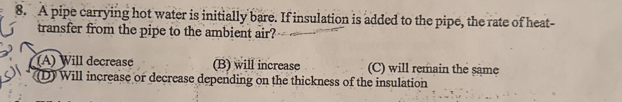 A pipe carying hot water is initially bare. If