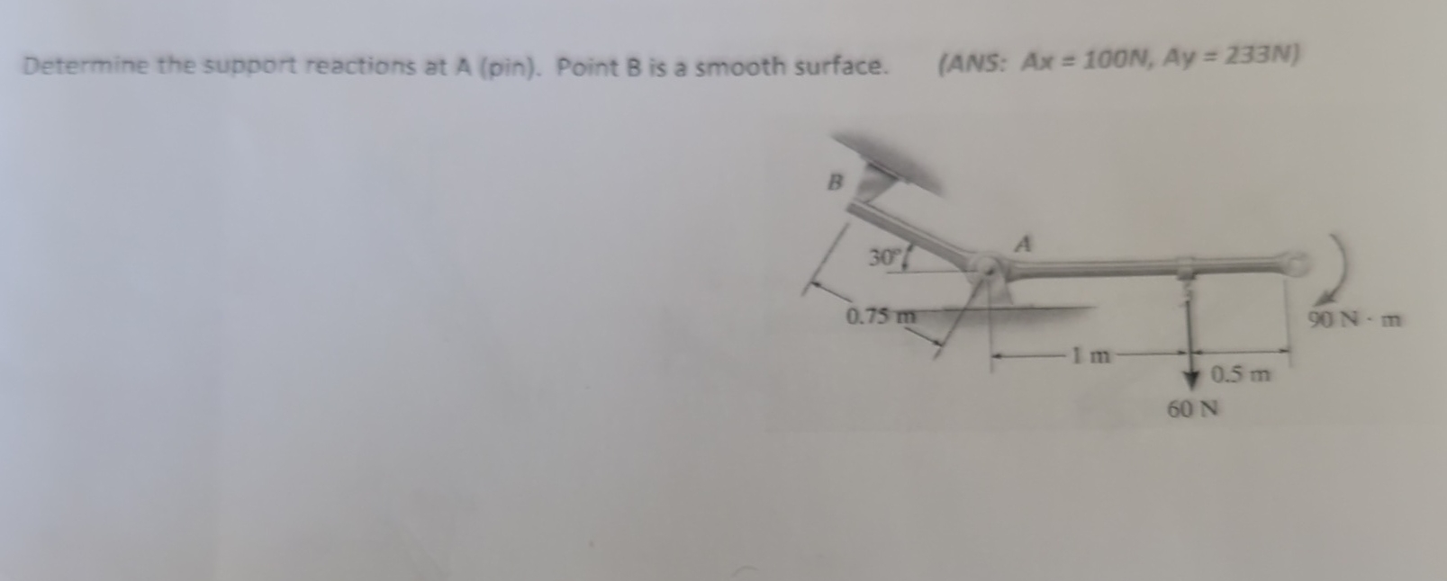 Determine the support reactions at A ( pin ) .