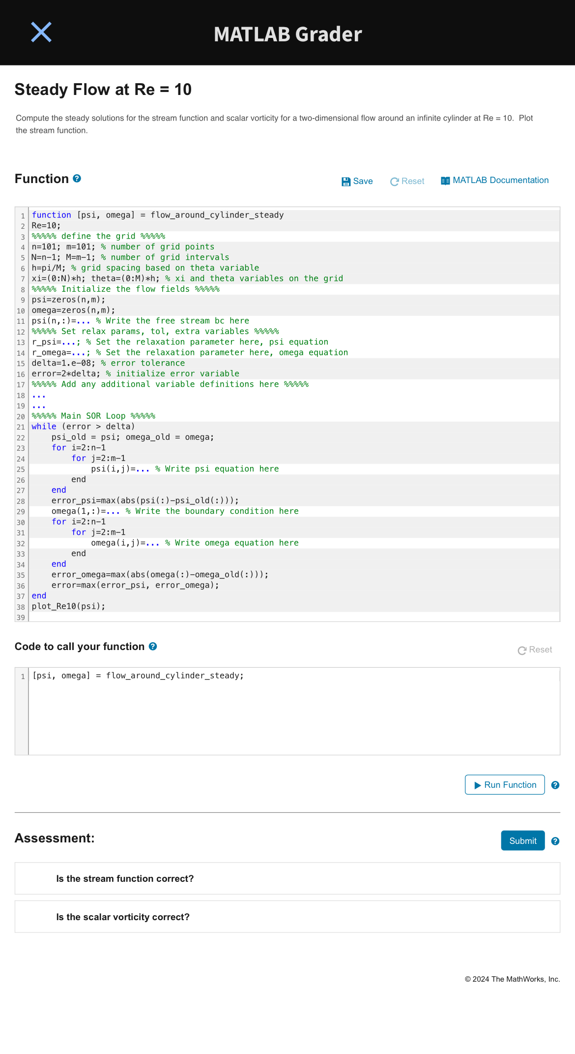 MATLAB Grader Steady Flow at R e = 1 0 Compute