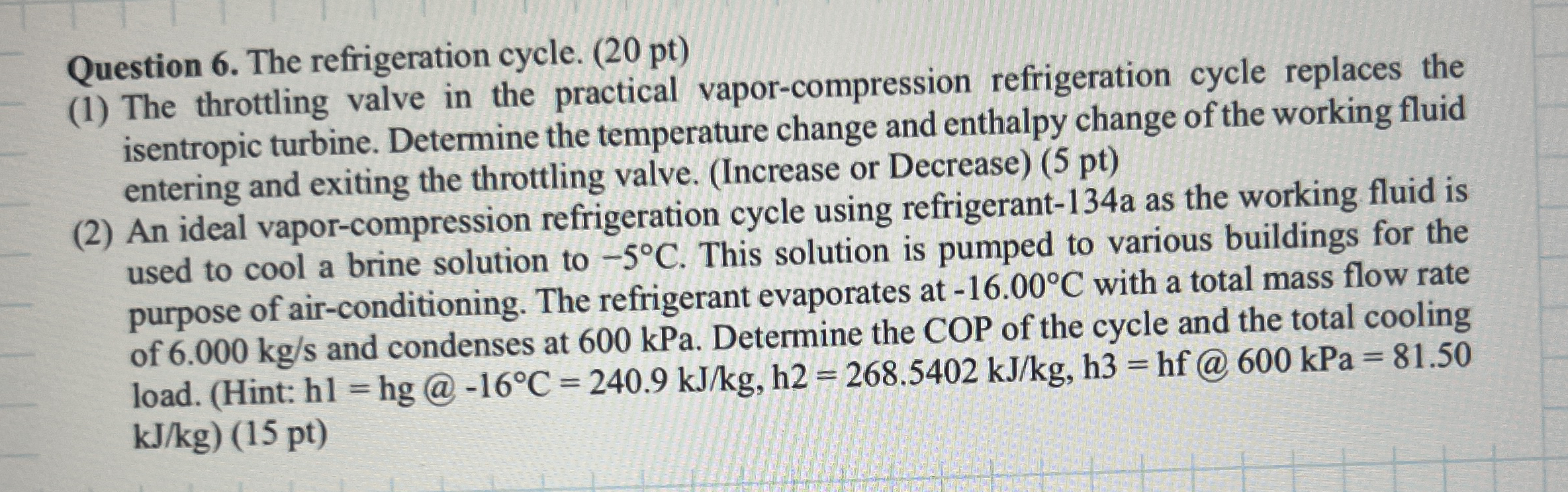 Question 6 . The refrigeration cycle. ( 2 0 pt )
