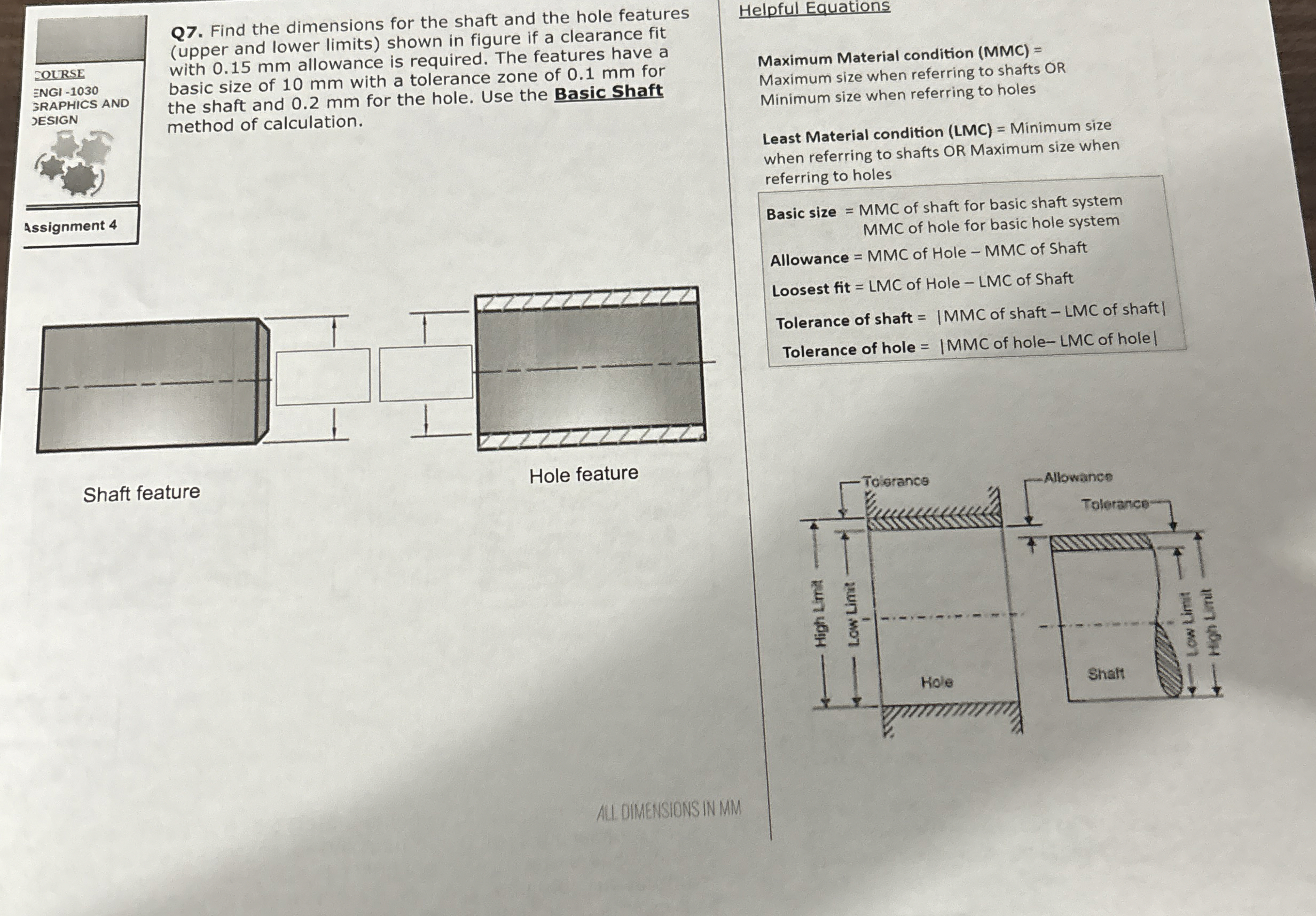 Q 7 . Find the dimensions for the shaft and the