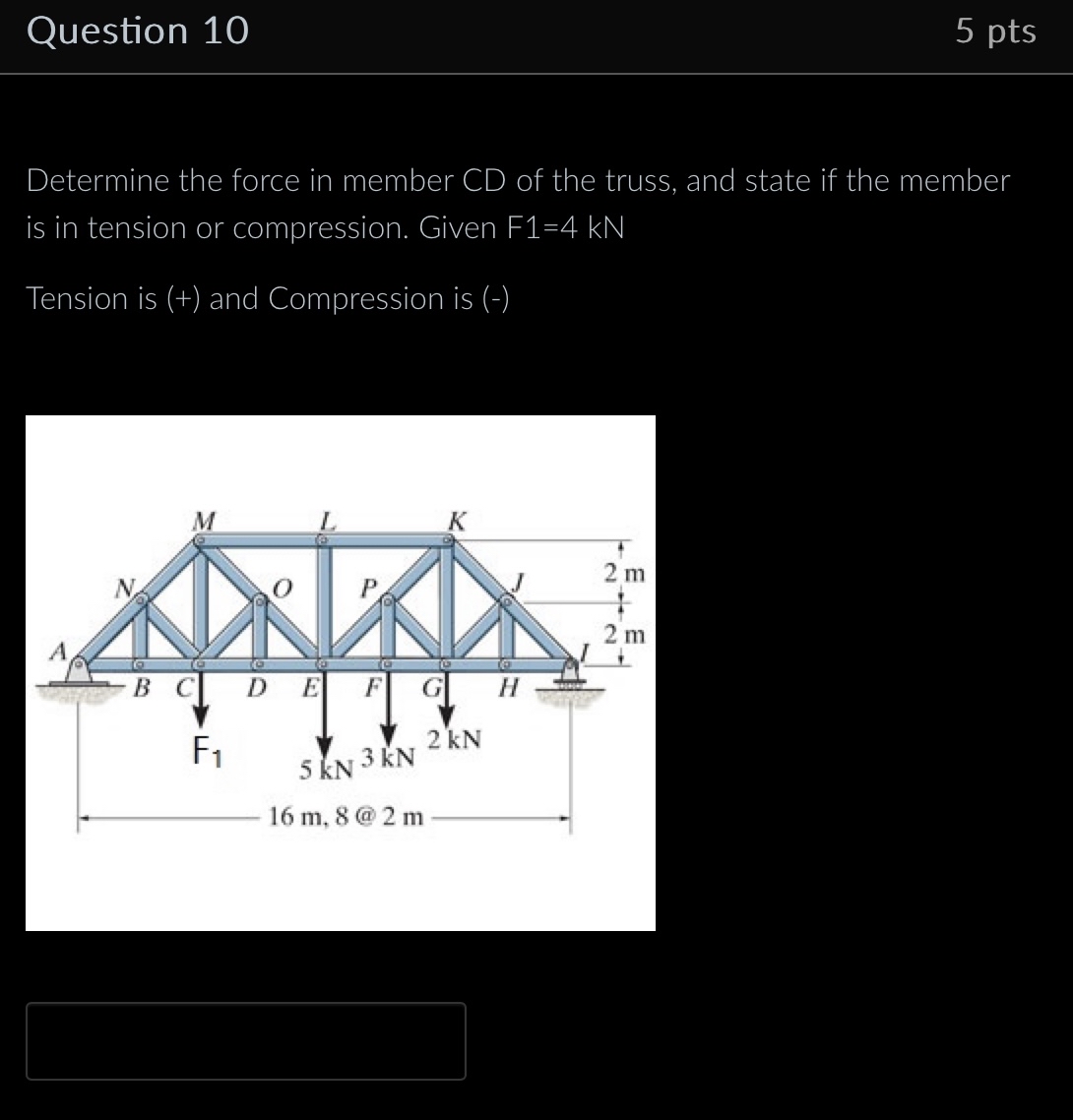 Question 1 0 5 pts Determine the force in member