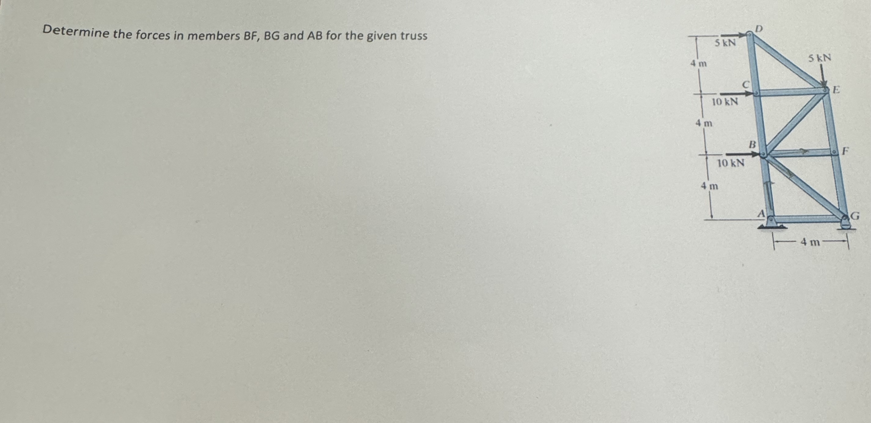 Determine the forces in members B F , B G and A B