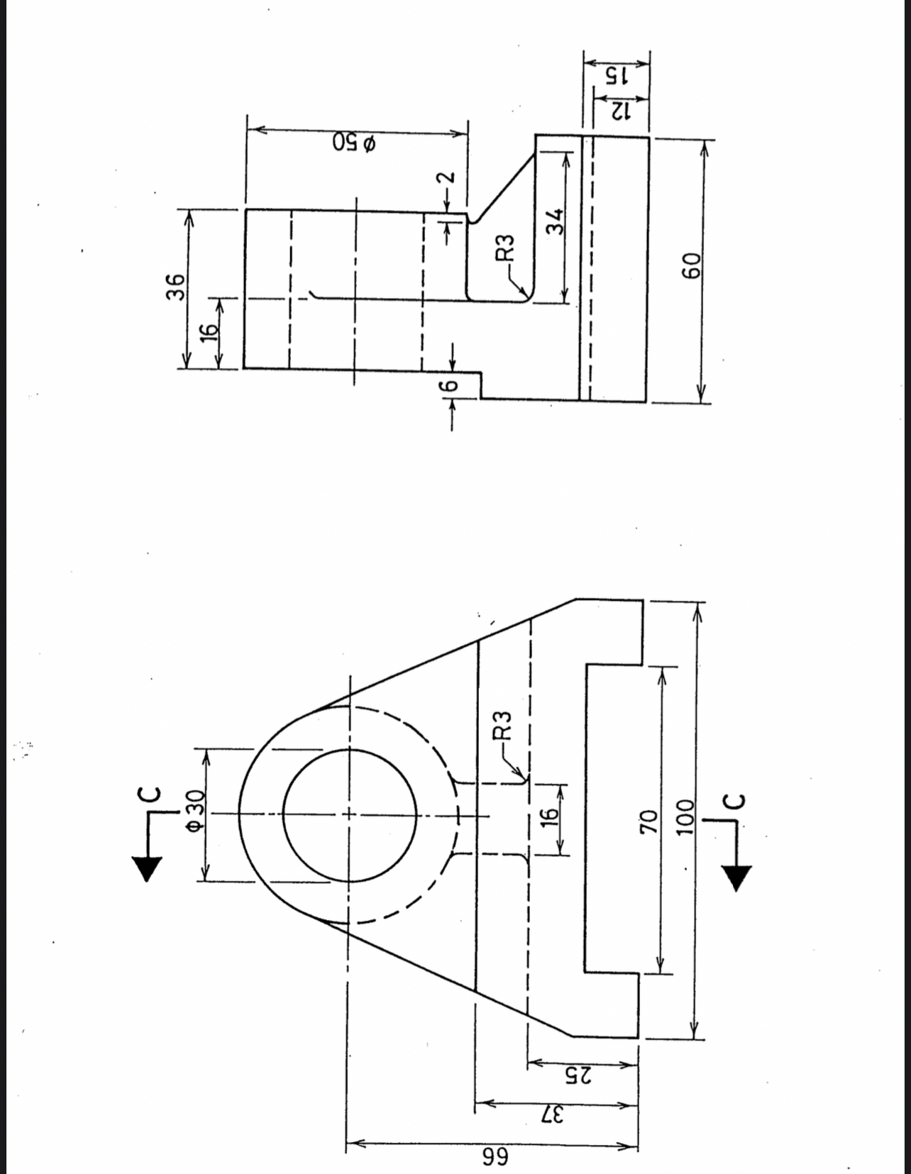 Draw the missing view and the section C - C