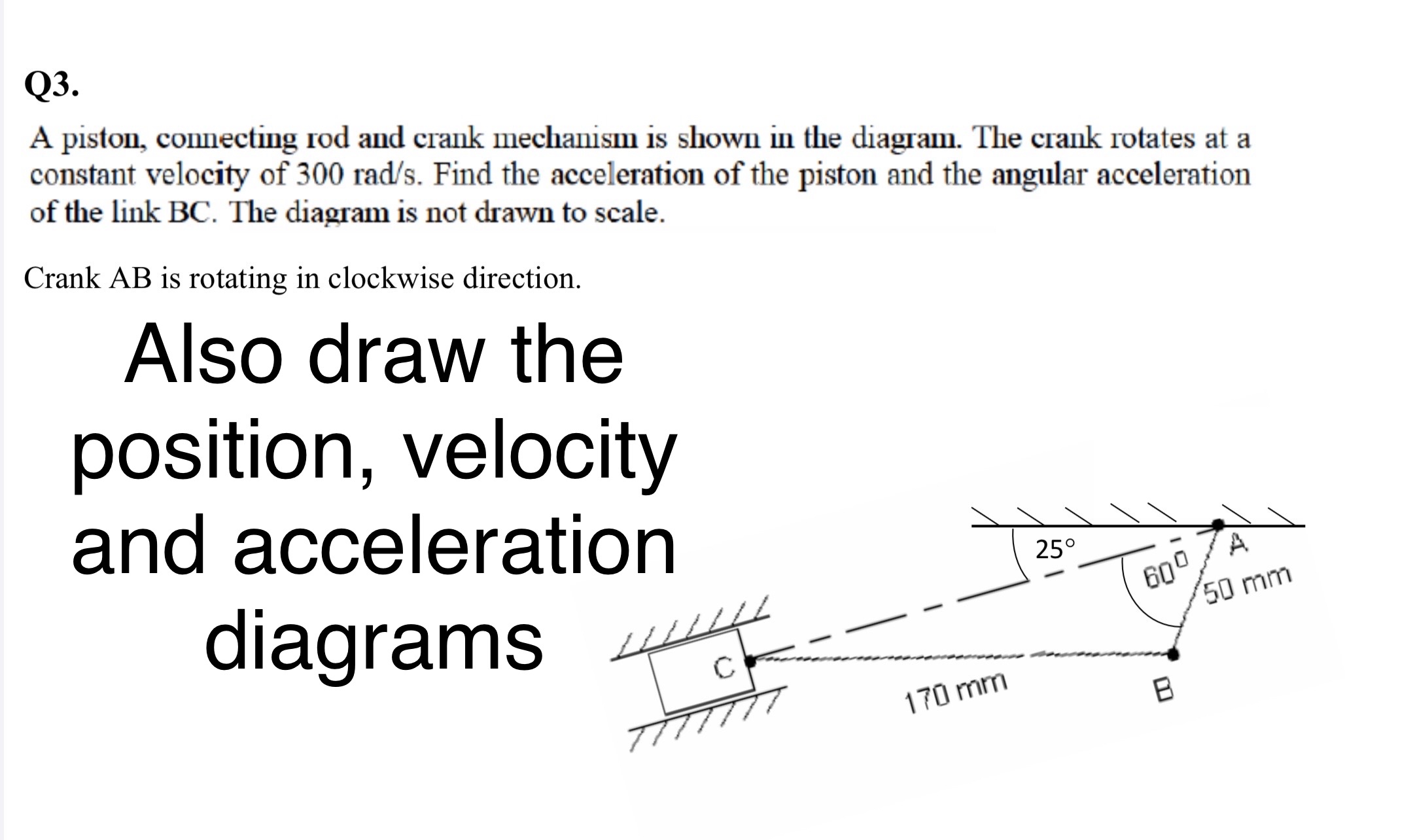 Q 3 . A piston, comecting rod and crank mechanism