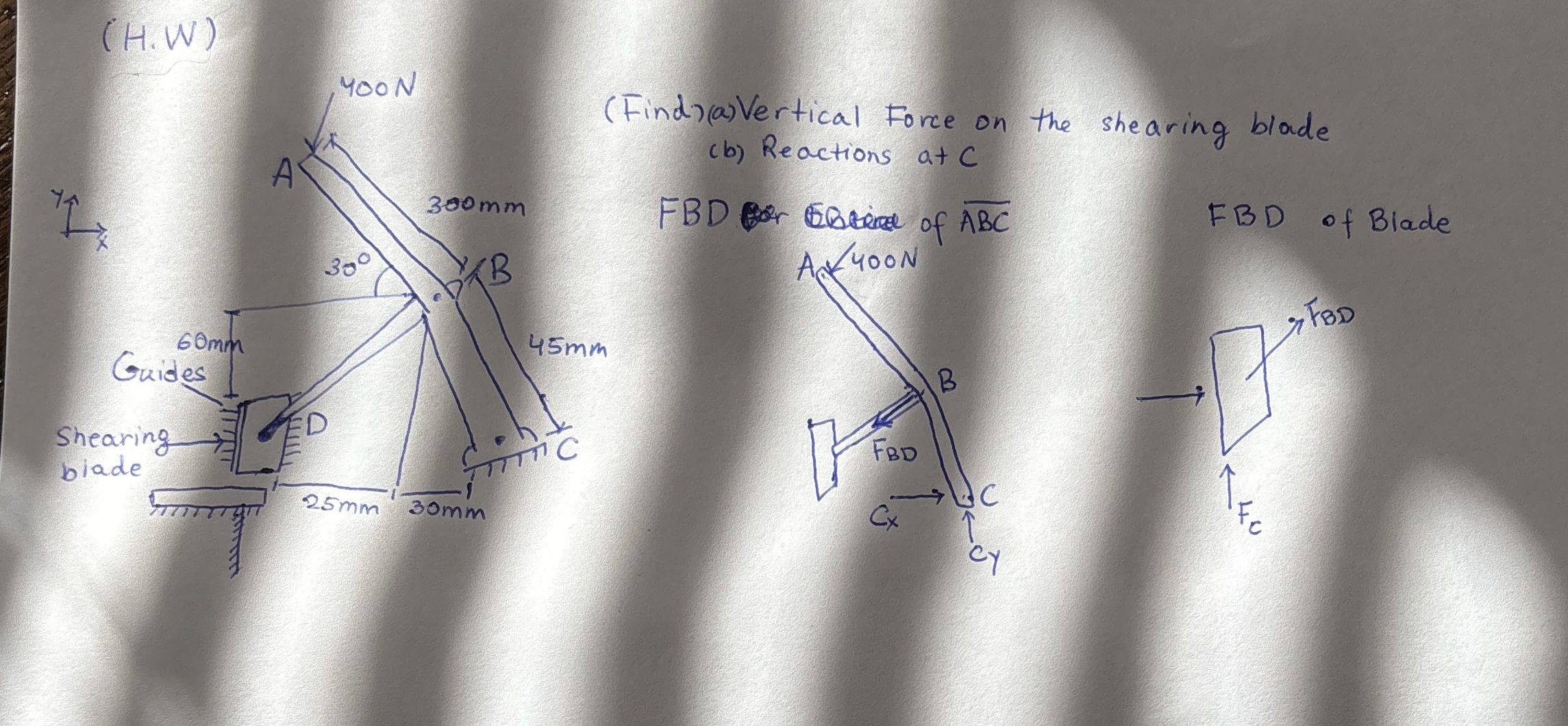 Find ) ( a ) Vertical Force on the shearing blade