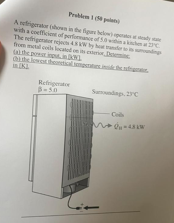 Problem 1 ( 5 0 points ) A refrigerator ( shown