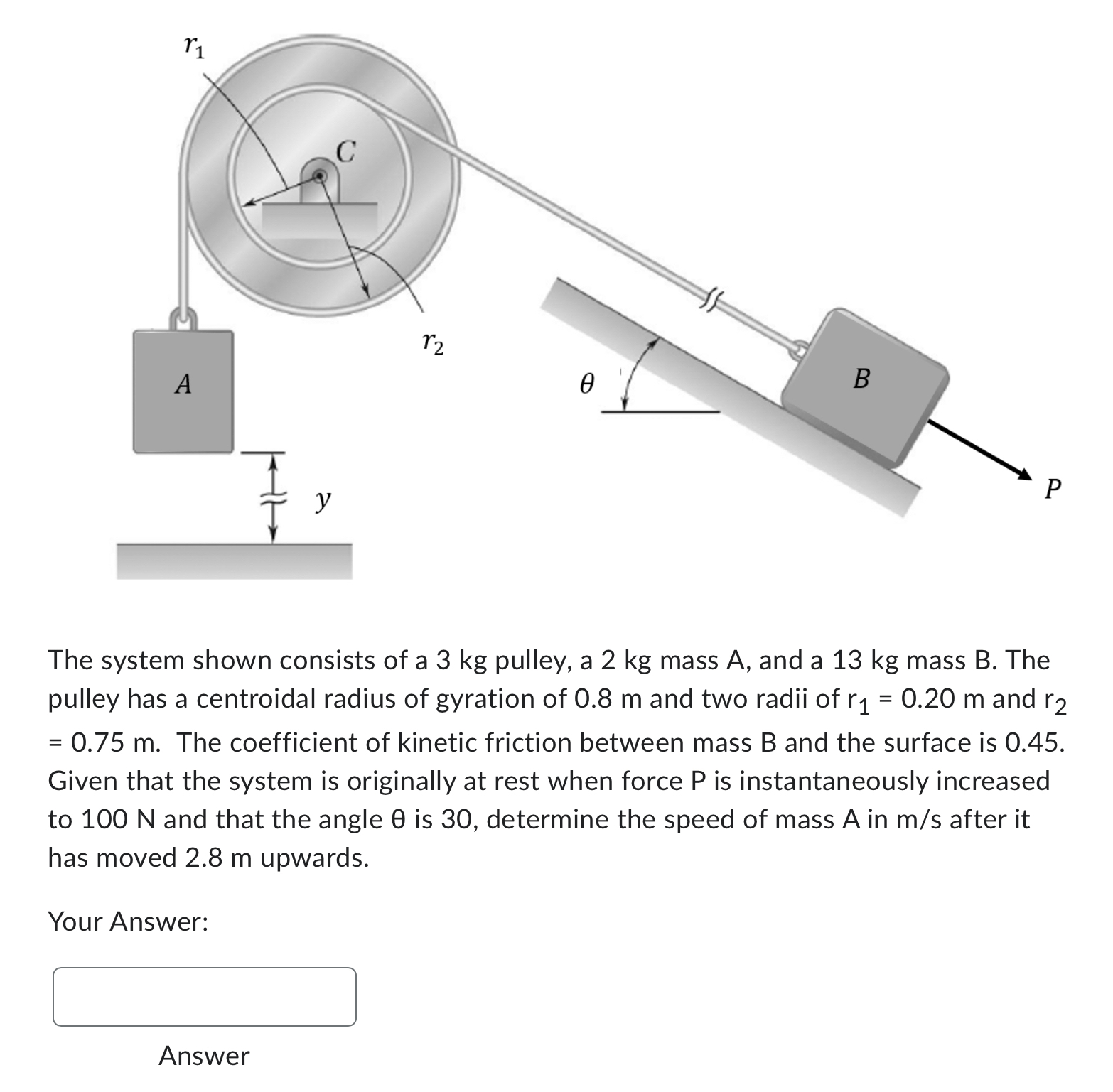 The system shown consists of a 3 kg pulley, a 2