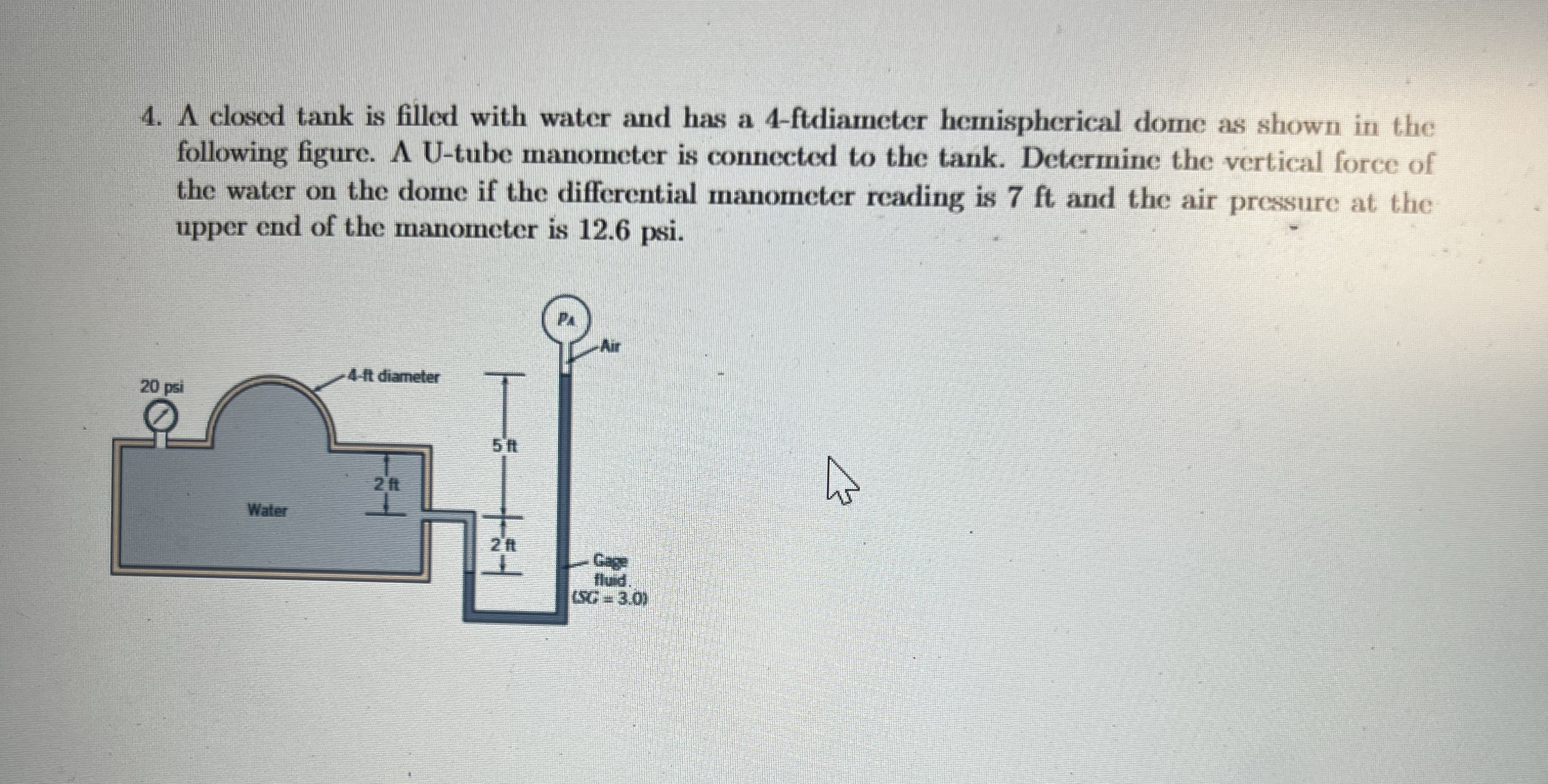 closed tank is filled with water and has a 4 -