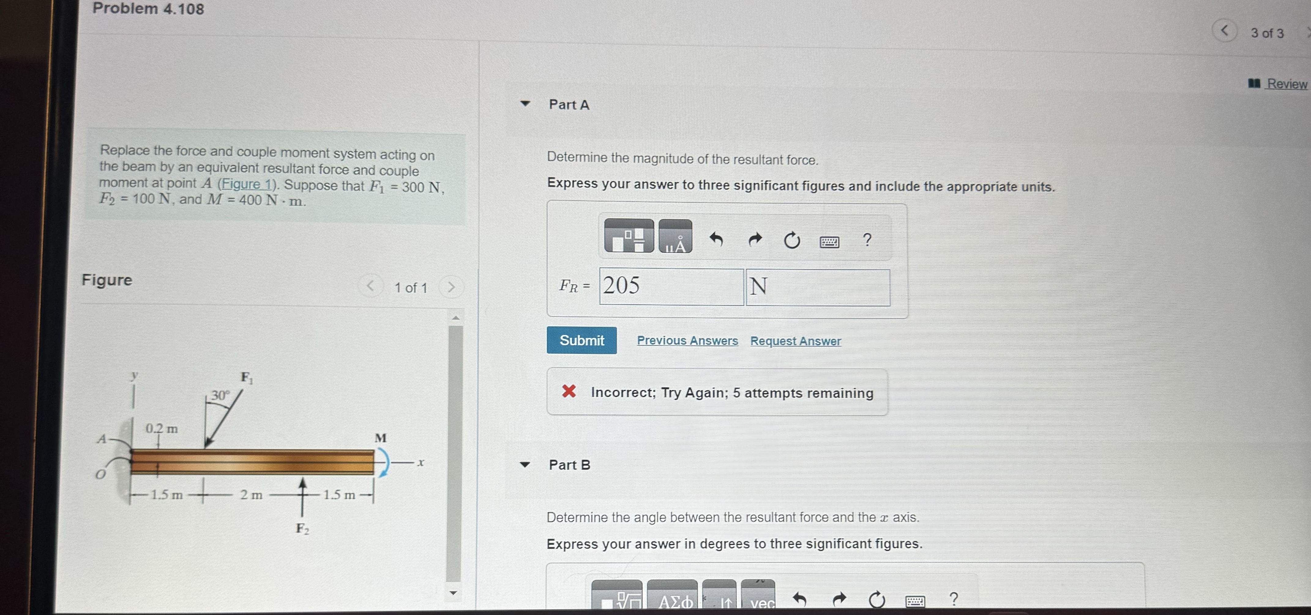 Problem 4 . 1 0 8 Replace the force and couple