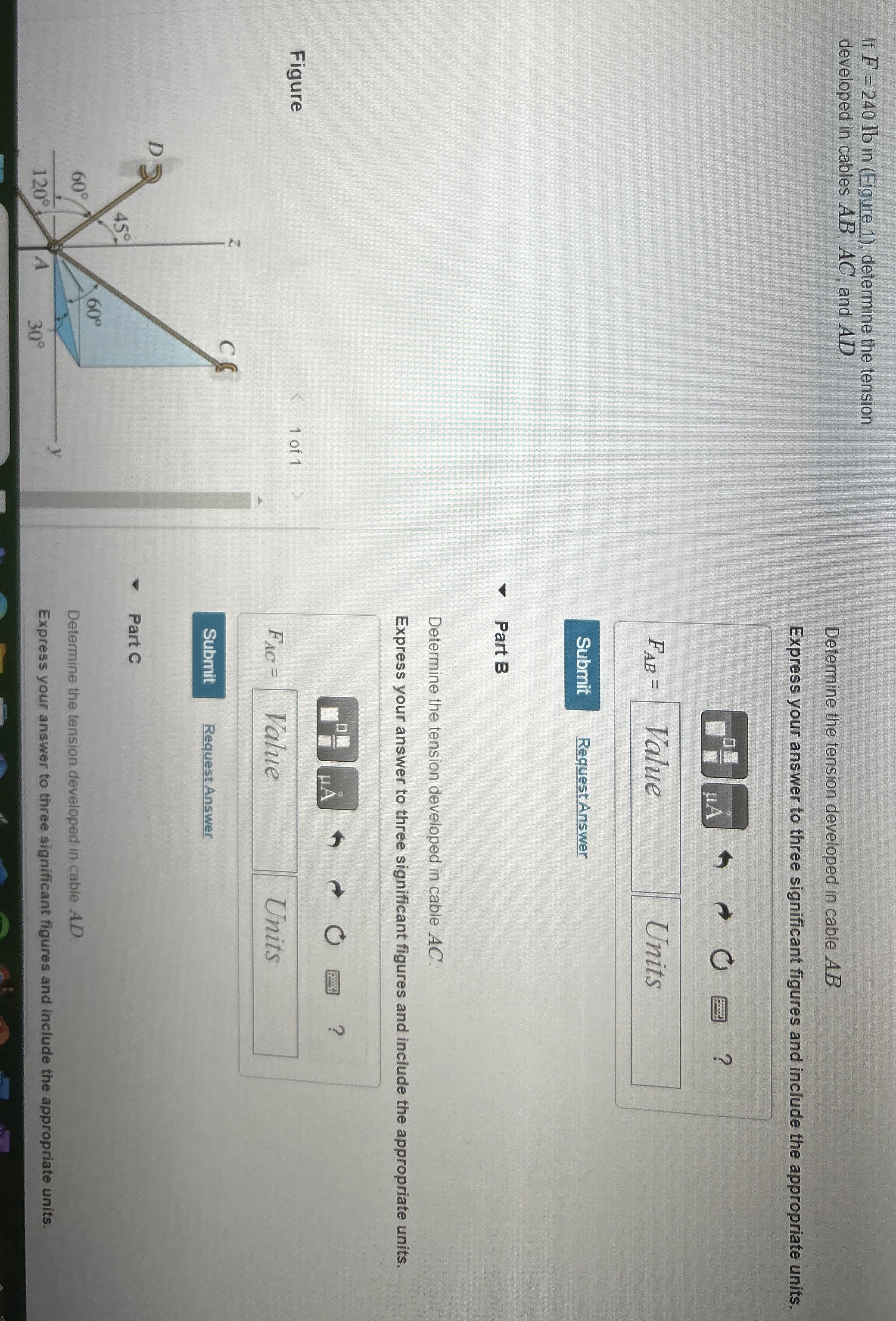 If F = 2 4 0 l b in ( Figure 1 ) , determine the