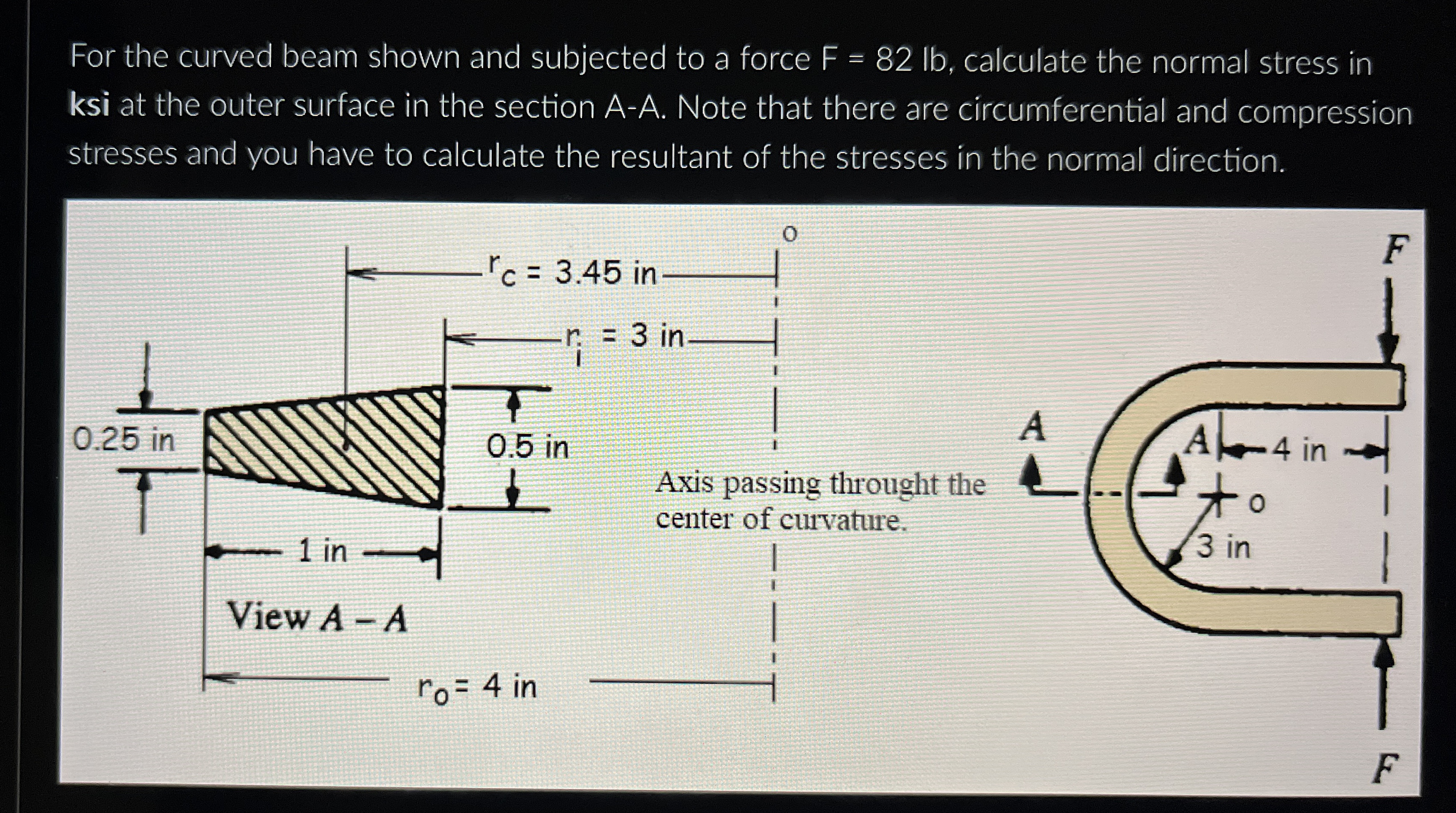 For the curved beam shown and subjected to a