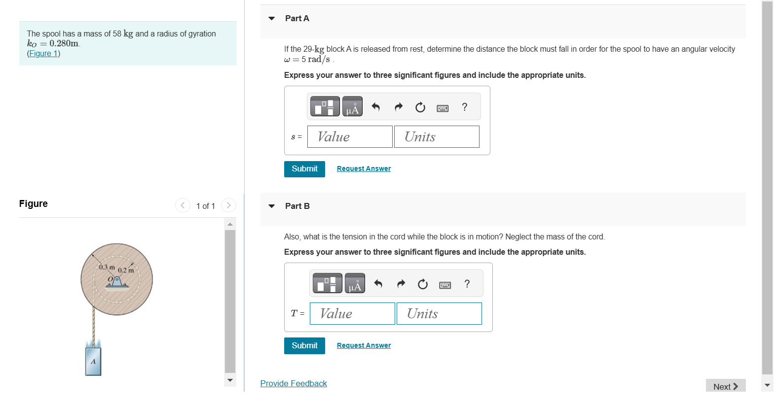 The spool has a mass of 5 8 kg and a radius of
