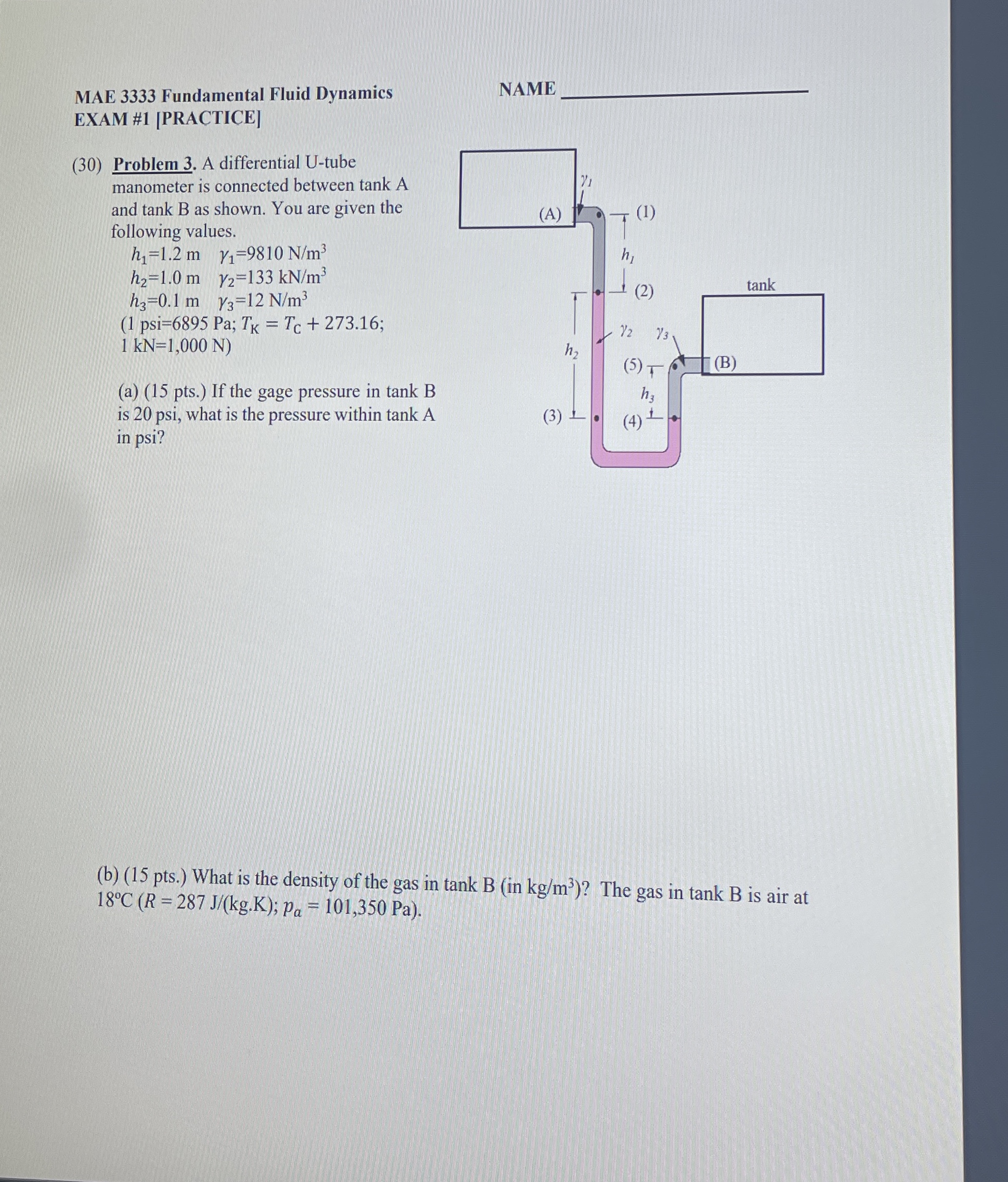 MAE 3 3 3 3 Fundamental Fluid Dynamics NAME EXAM