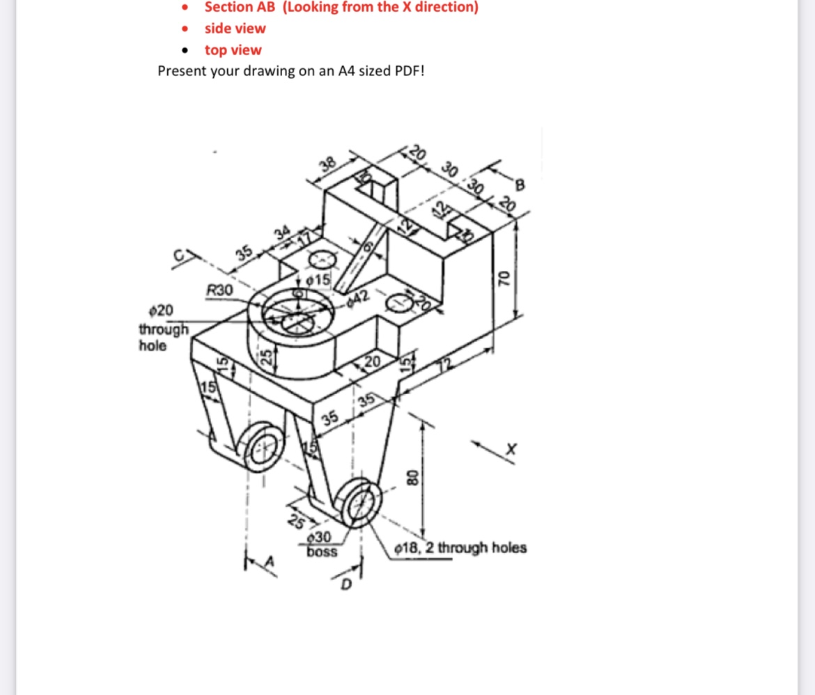 Draw a first angle orthographic projection for