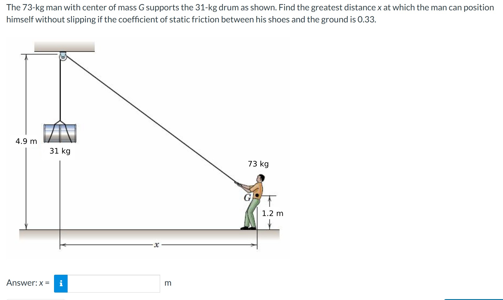 The 7 3 - kg man with center of mass \ ( G \ )