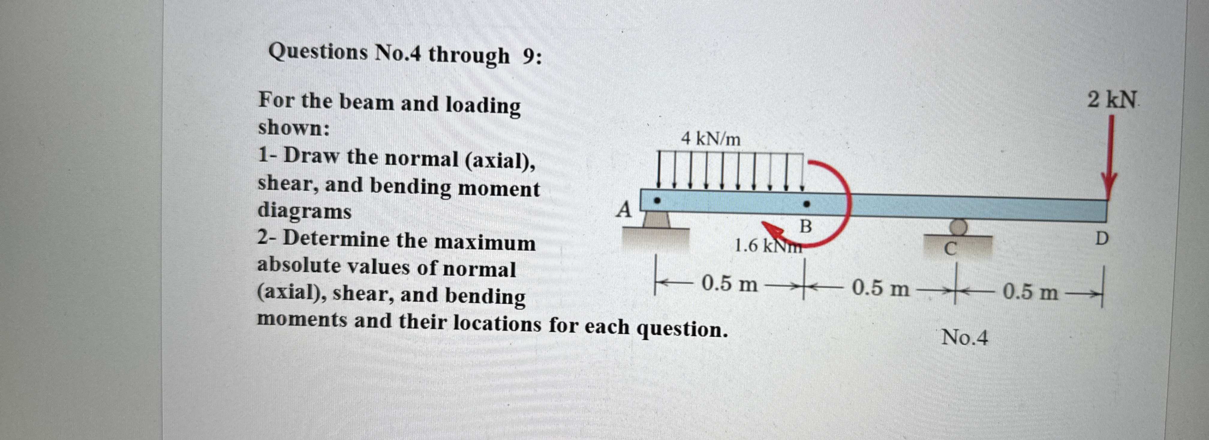 Questions No . 4 through 9 : For the beam and