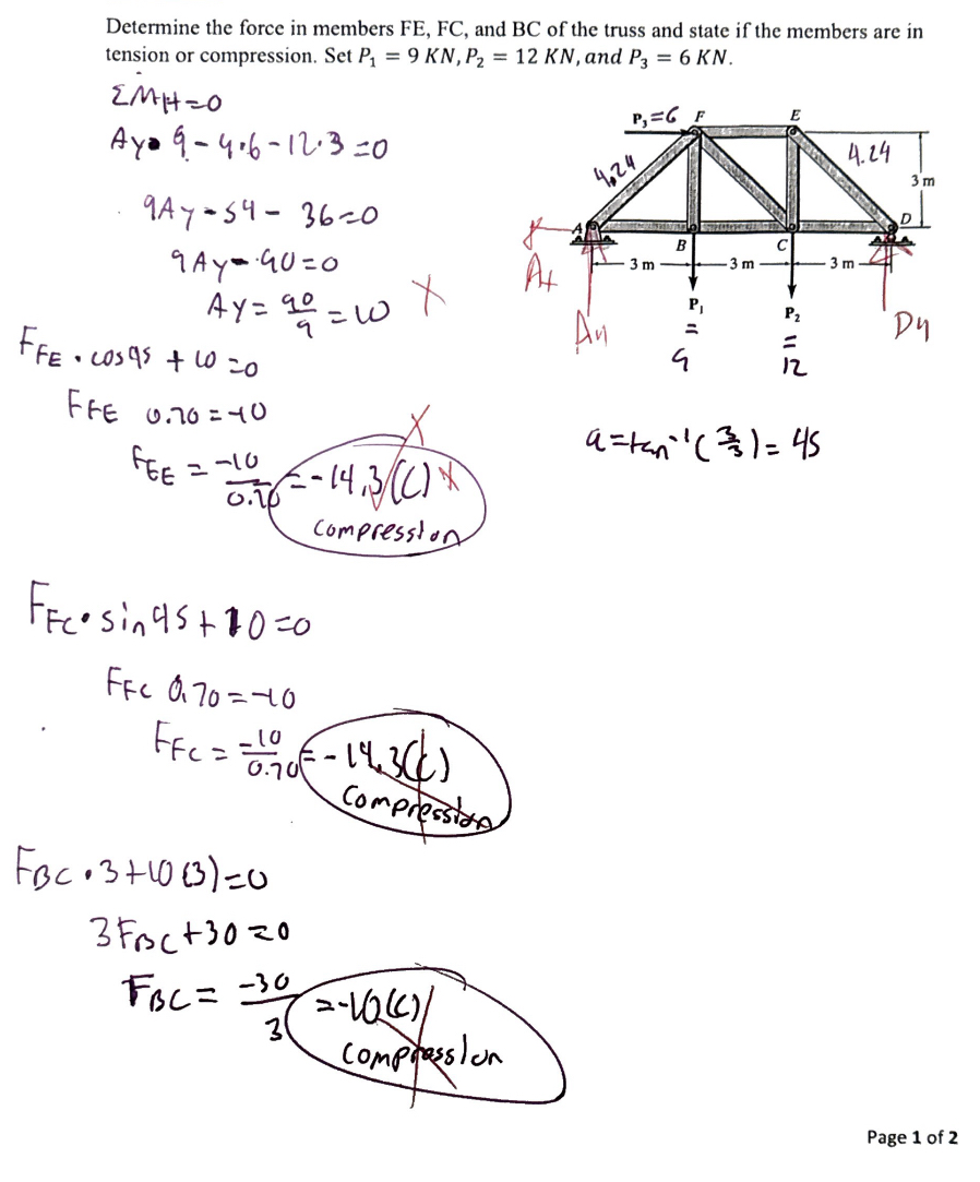 Determine the force in members FE , FC , and BC