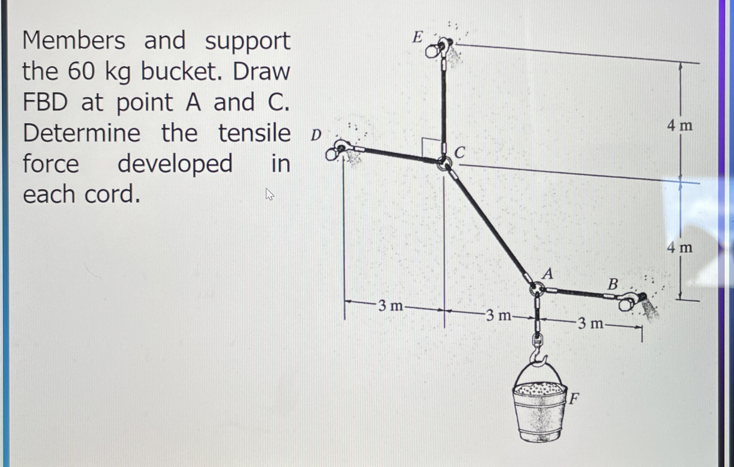 Members and support the 6 0 kg bucket. Draw FBD