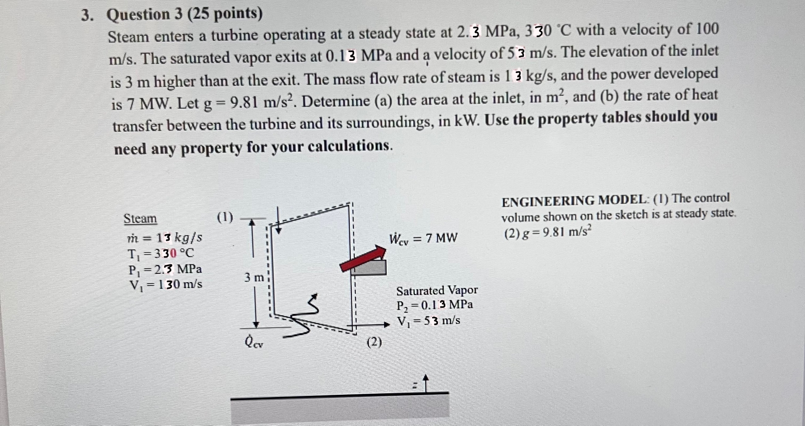 Question 3 ( 2 5 points ) Steam enters a turbine
