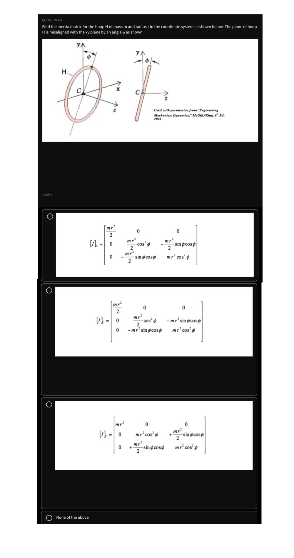 QUESTION 1 3 Find the inertia matrix for the hoop