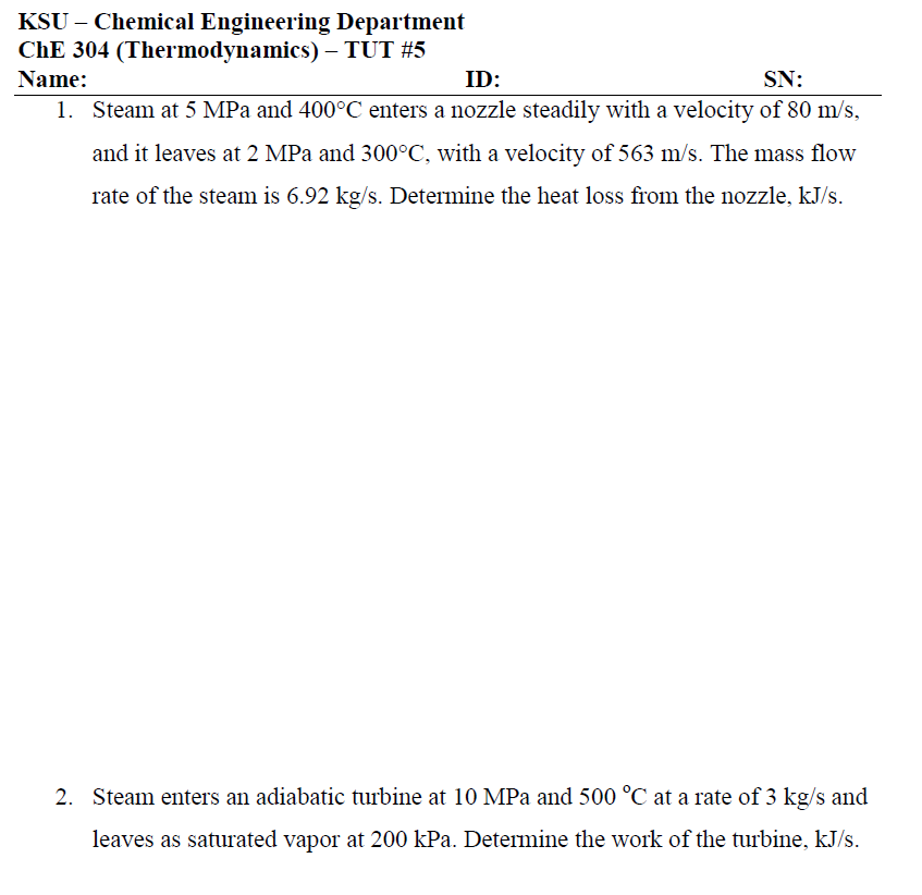 Q 1 ) Steam at 5 MPa and 4 0 0 C enters a nozzle