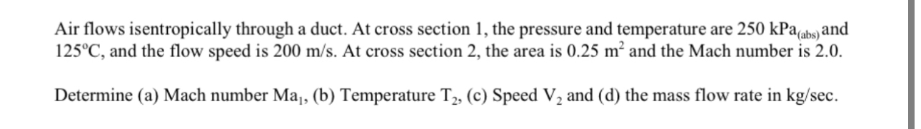 Air flows isentropically through a duct. At cross