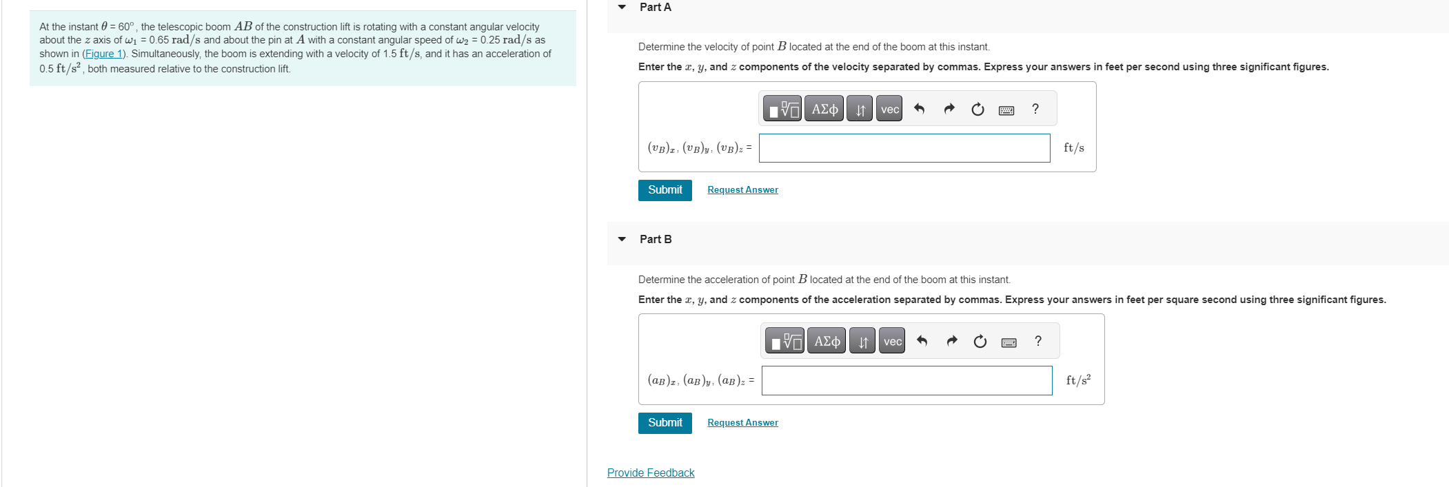 At the instant = 6 0 , the telescopic boom A B of