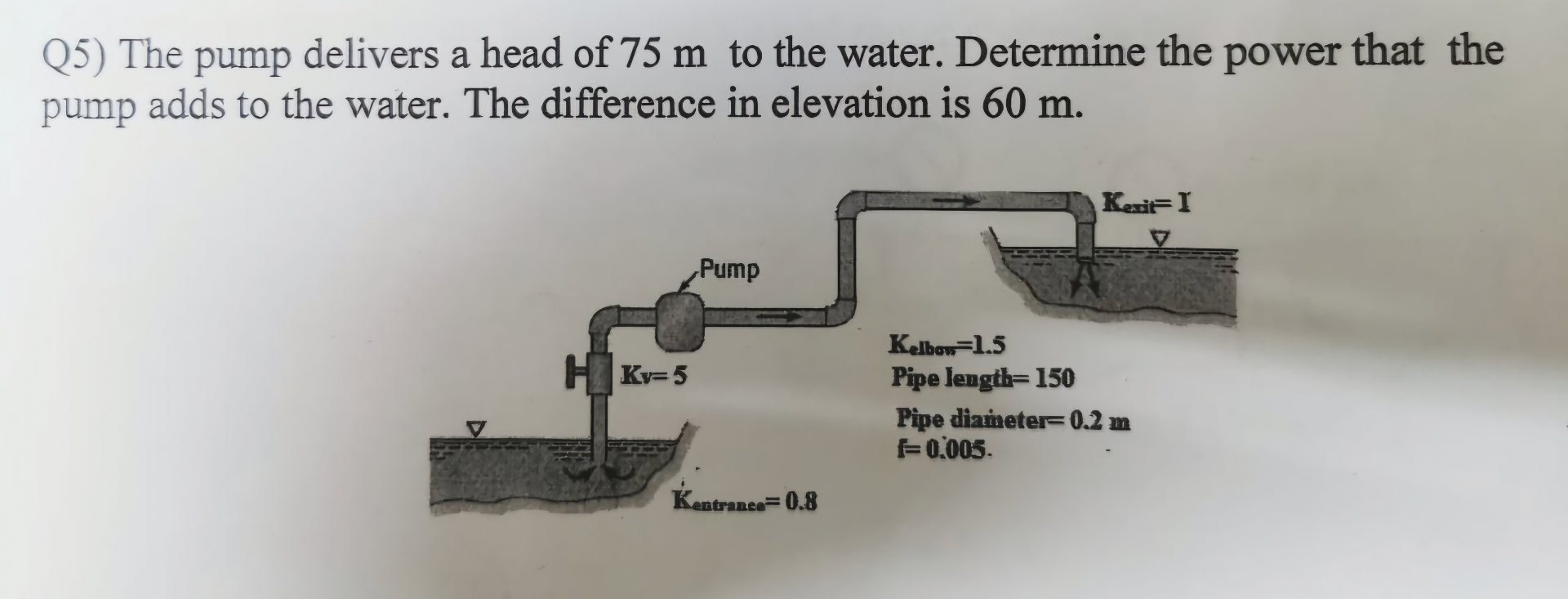 Q 5 ) The pump delivers a head of 7 5 m to the