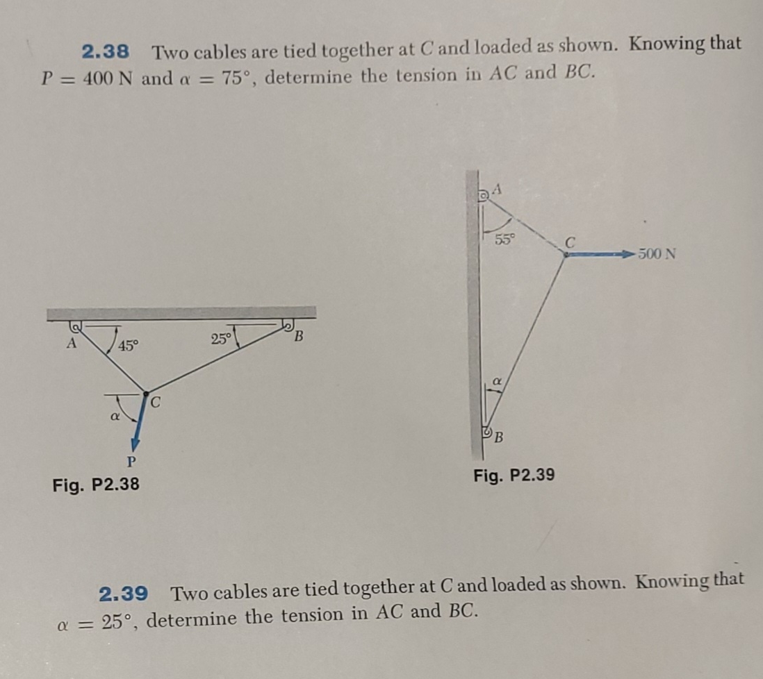 2 . 3 8 Two cables are tied together at C and