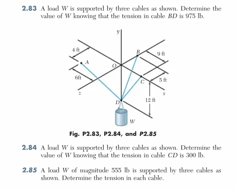 2 . 8 3 A load W is supported by three cables as
