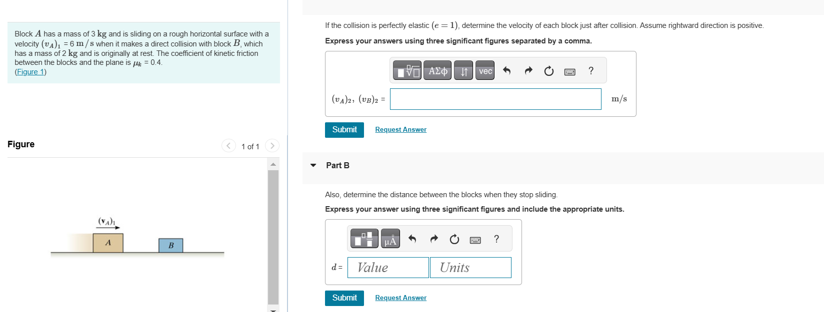 Block A has a mass of 3 kg and is sliding on a