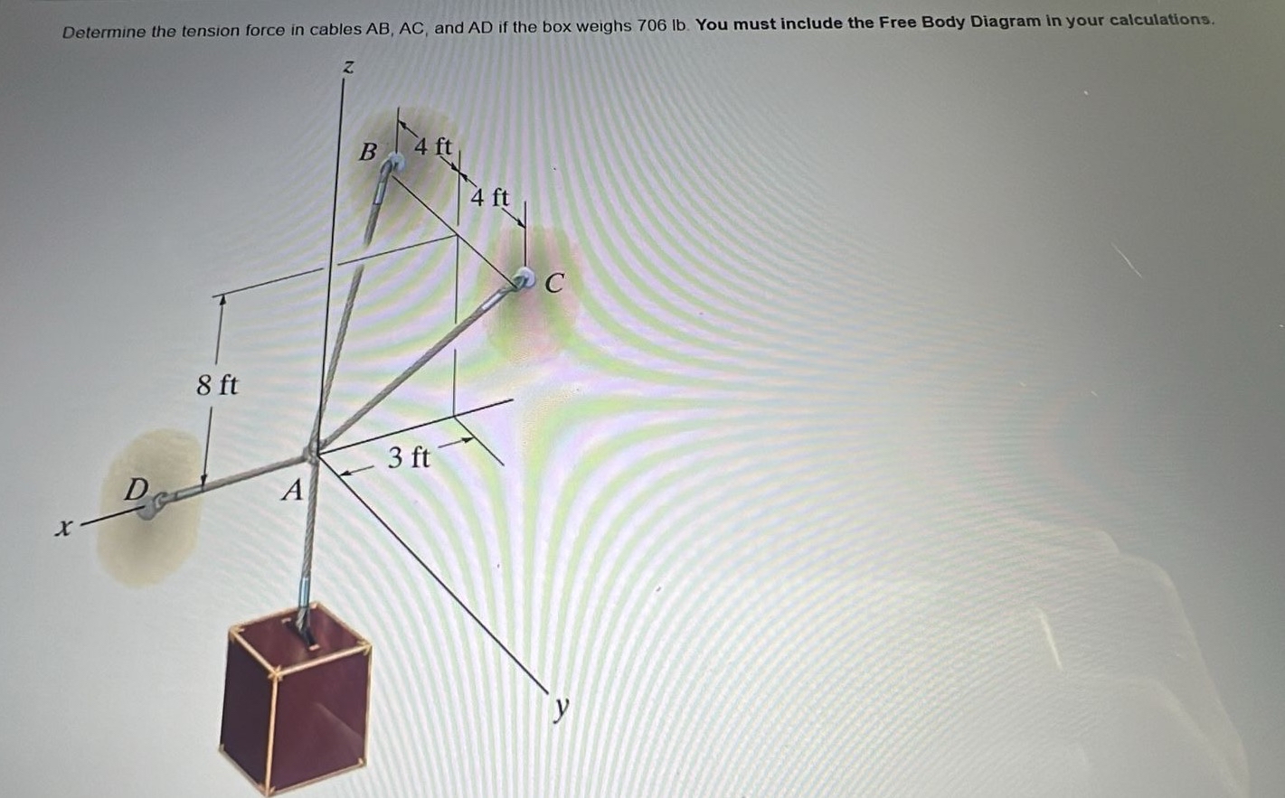 Determine the tension force in cables A B , A C ,