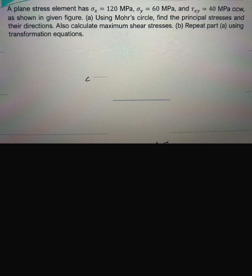 A plane stress element has x = 1 2 0 MPa, y = 6 0