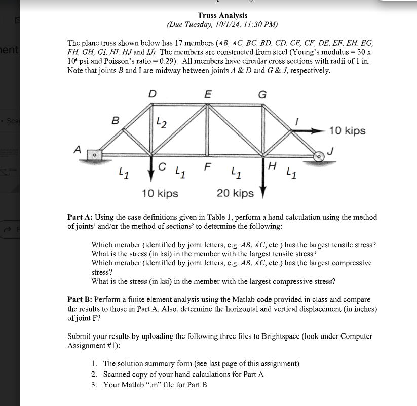Truss Analysis ( Due Tuesday, 1 0 / 1 / 2 4 , 1 1