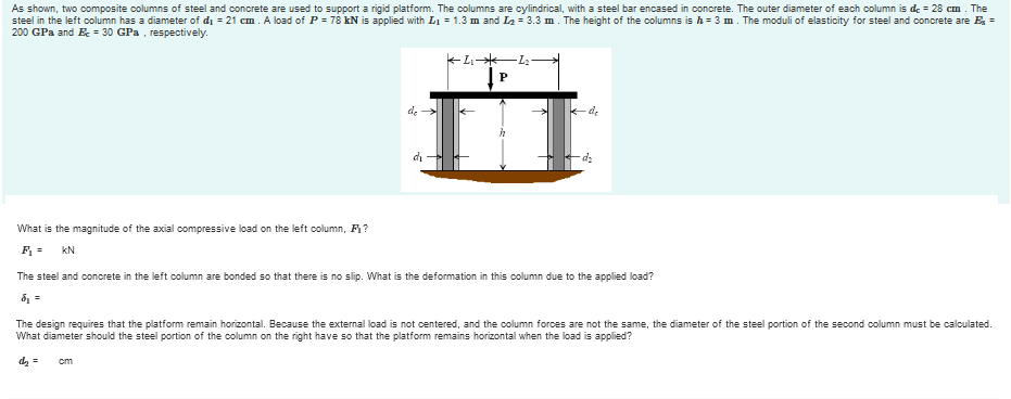 d c = 2 8 cm d 1 = 2 1 c m P = 7 8 k N L 1 = 1 .