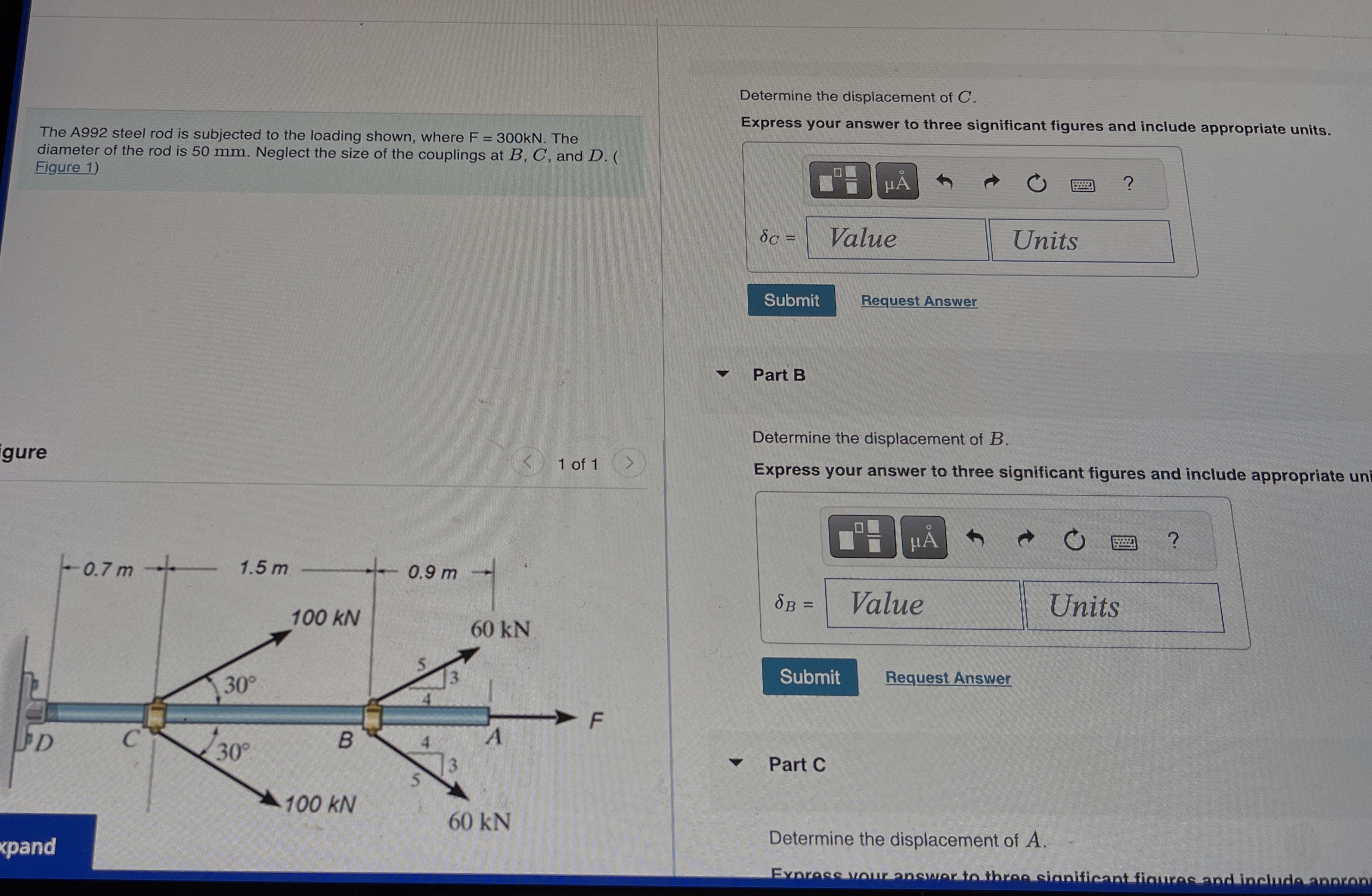 The A 9 9 2 steel rod is subjected to the loading