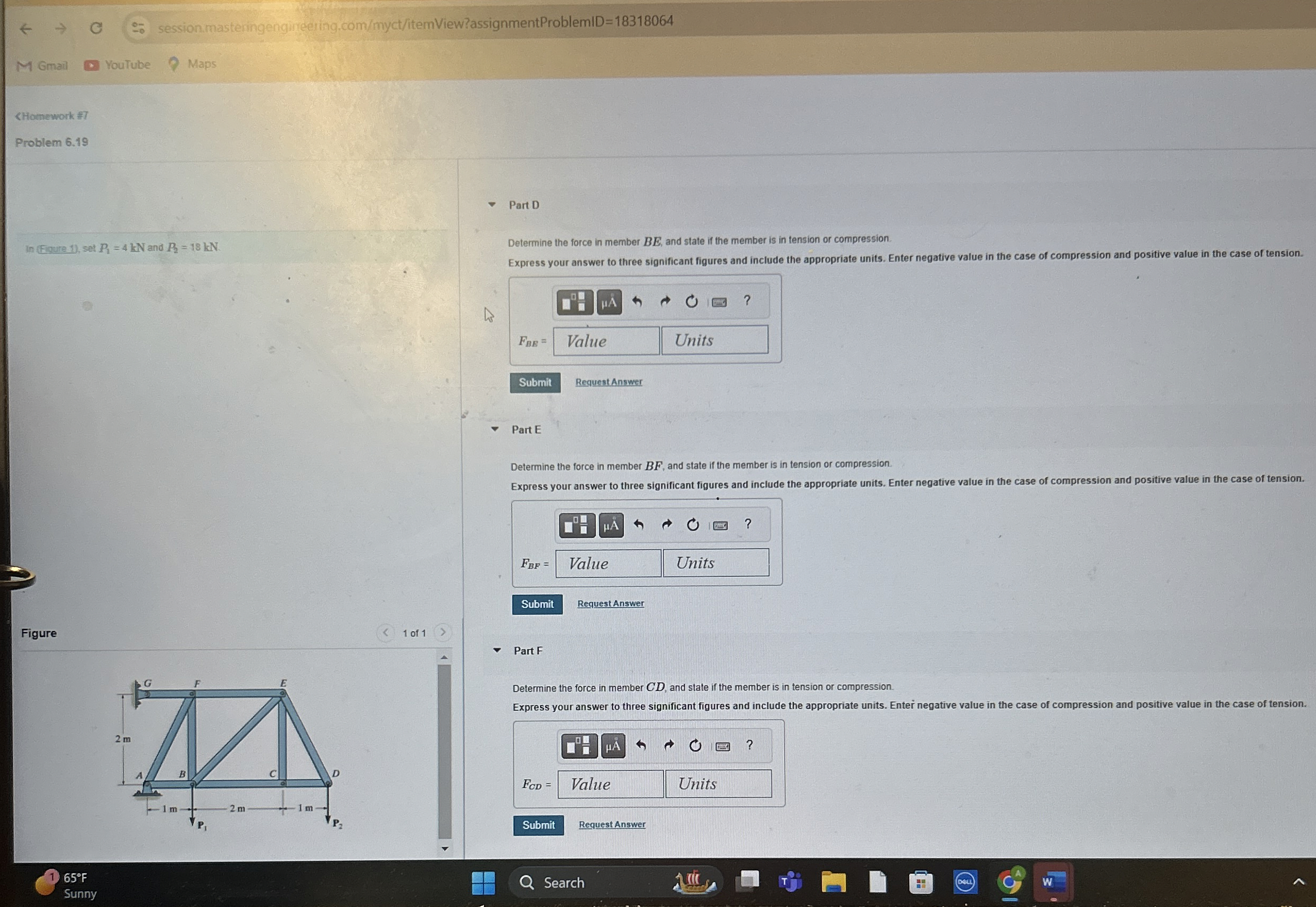 Problem 6 . 1 9 Part D Determine the force in