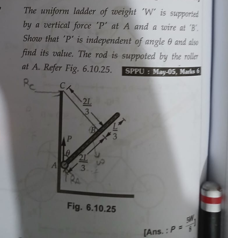 The uniform ladder of weight ' W ' is supported