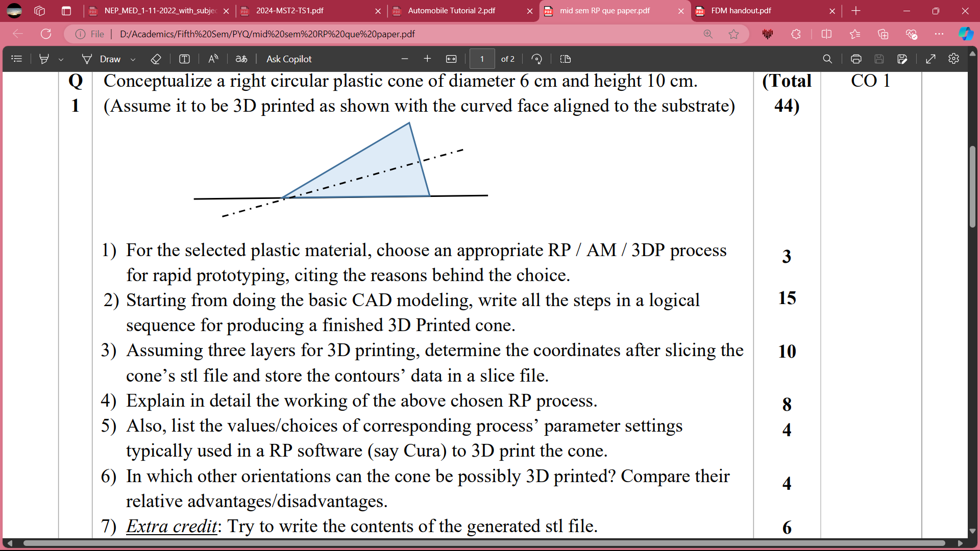 Q Conceptualize a right circular plastic cone of