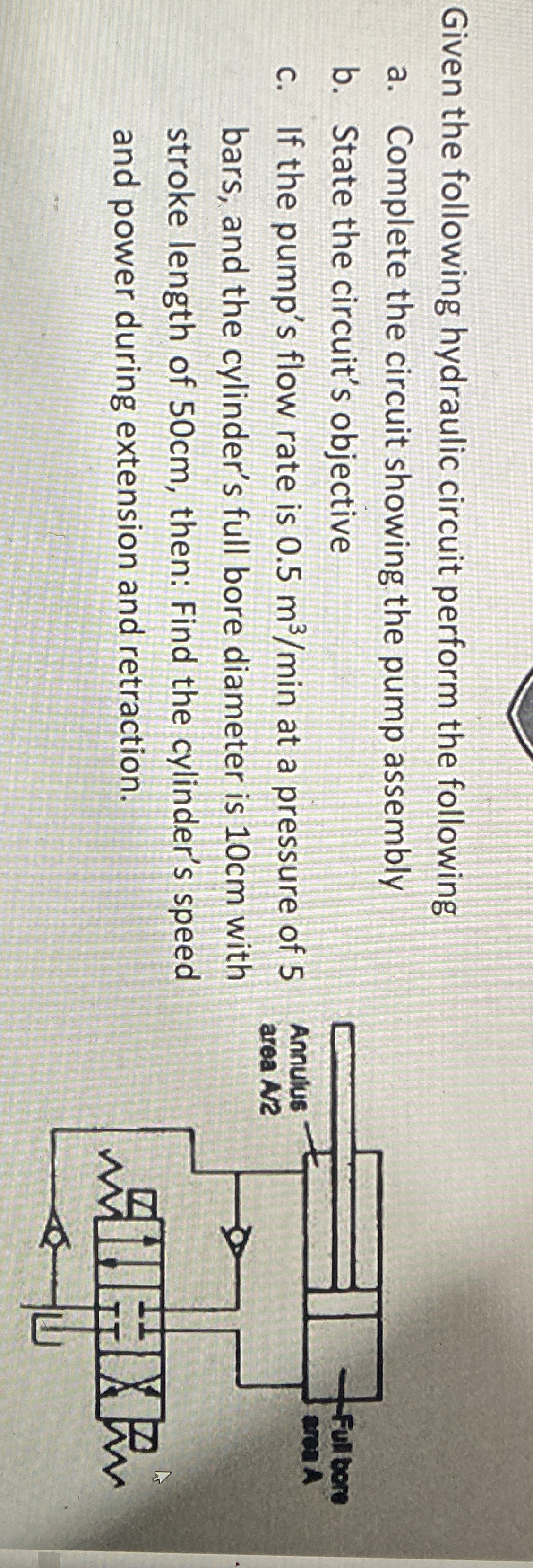 Given the following hydraulic circuit perform the