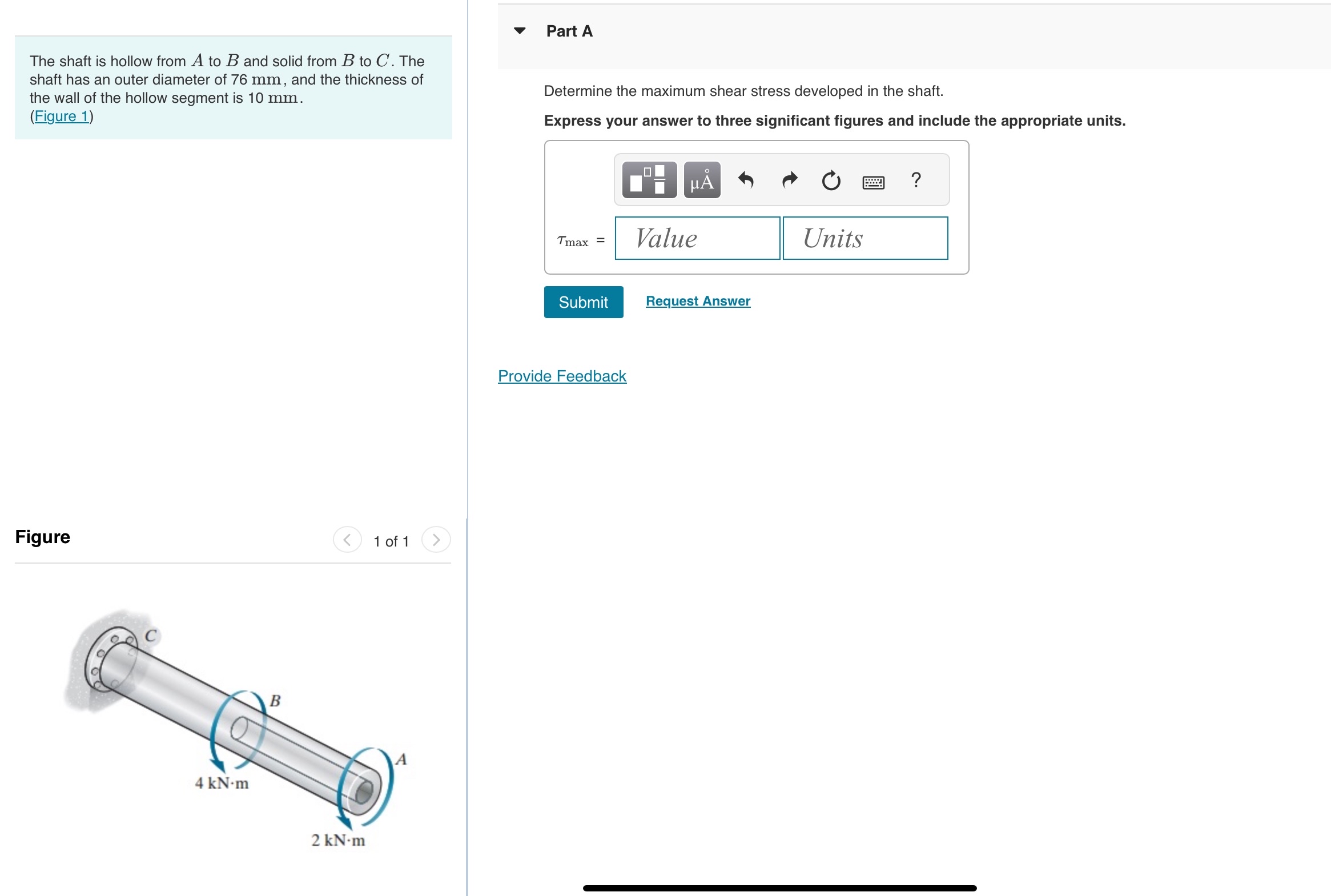 The shaft is hollow from A to B and solid from B