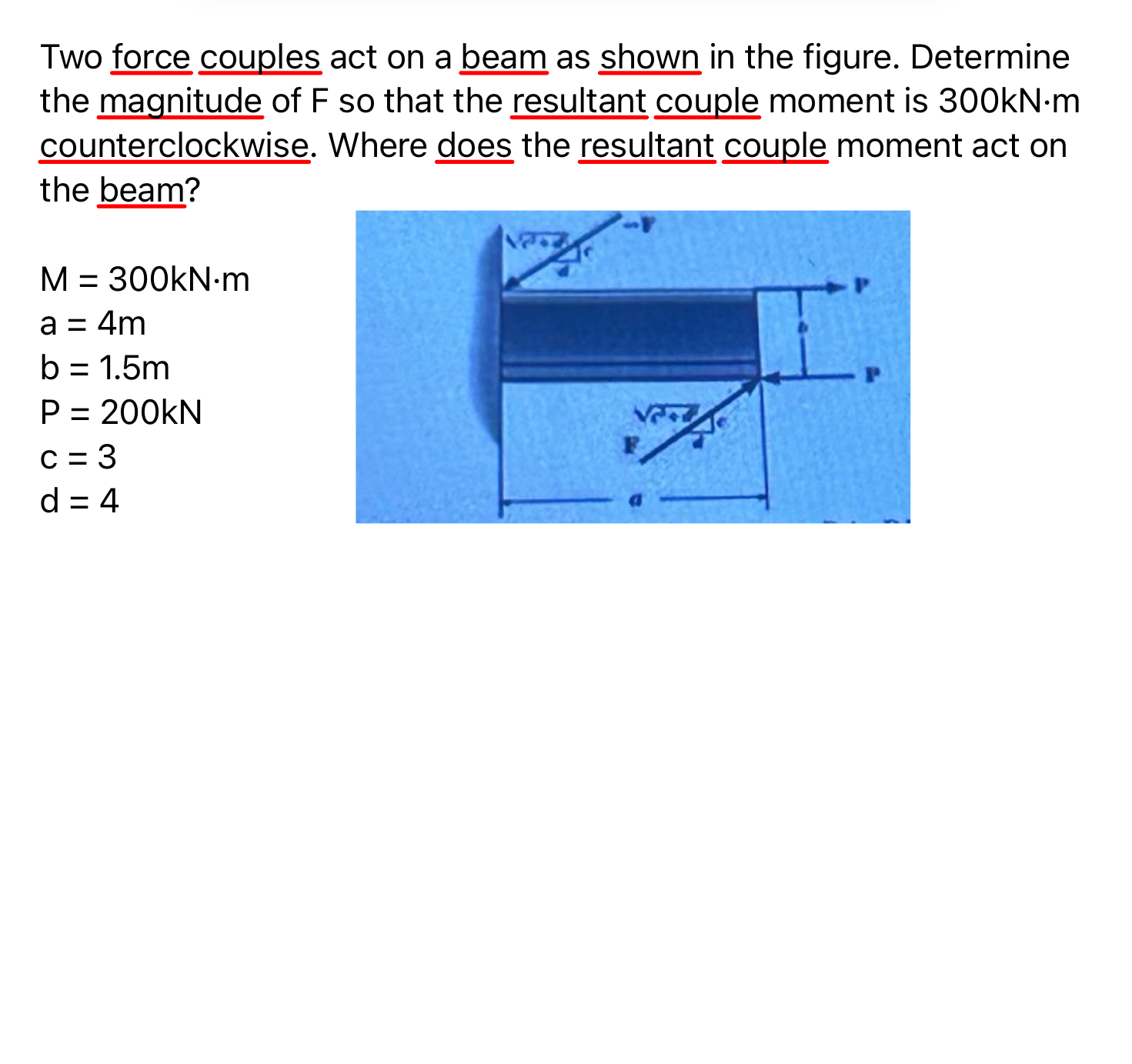 Two force couples act on a beam as shown in the